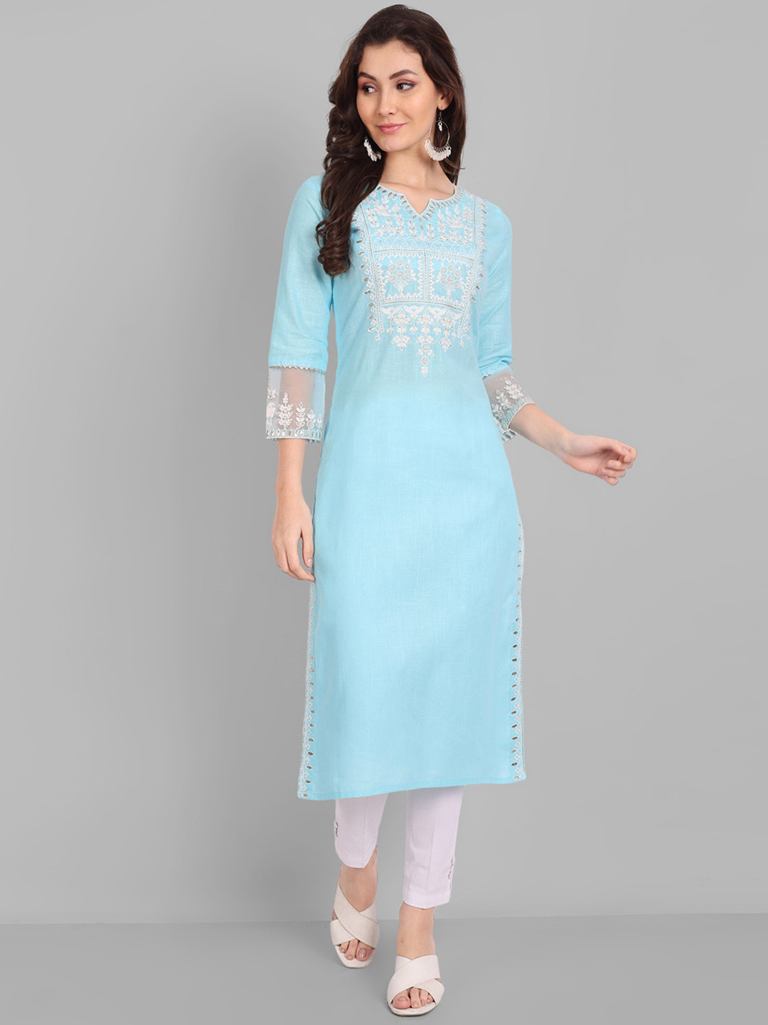 

Pakiza Women Ethnic Motifs Yoke Design Mirror Work Cotton Kurta, Blue