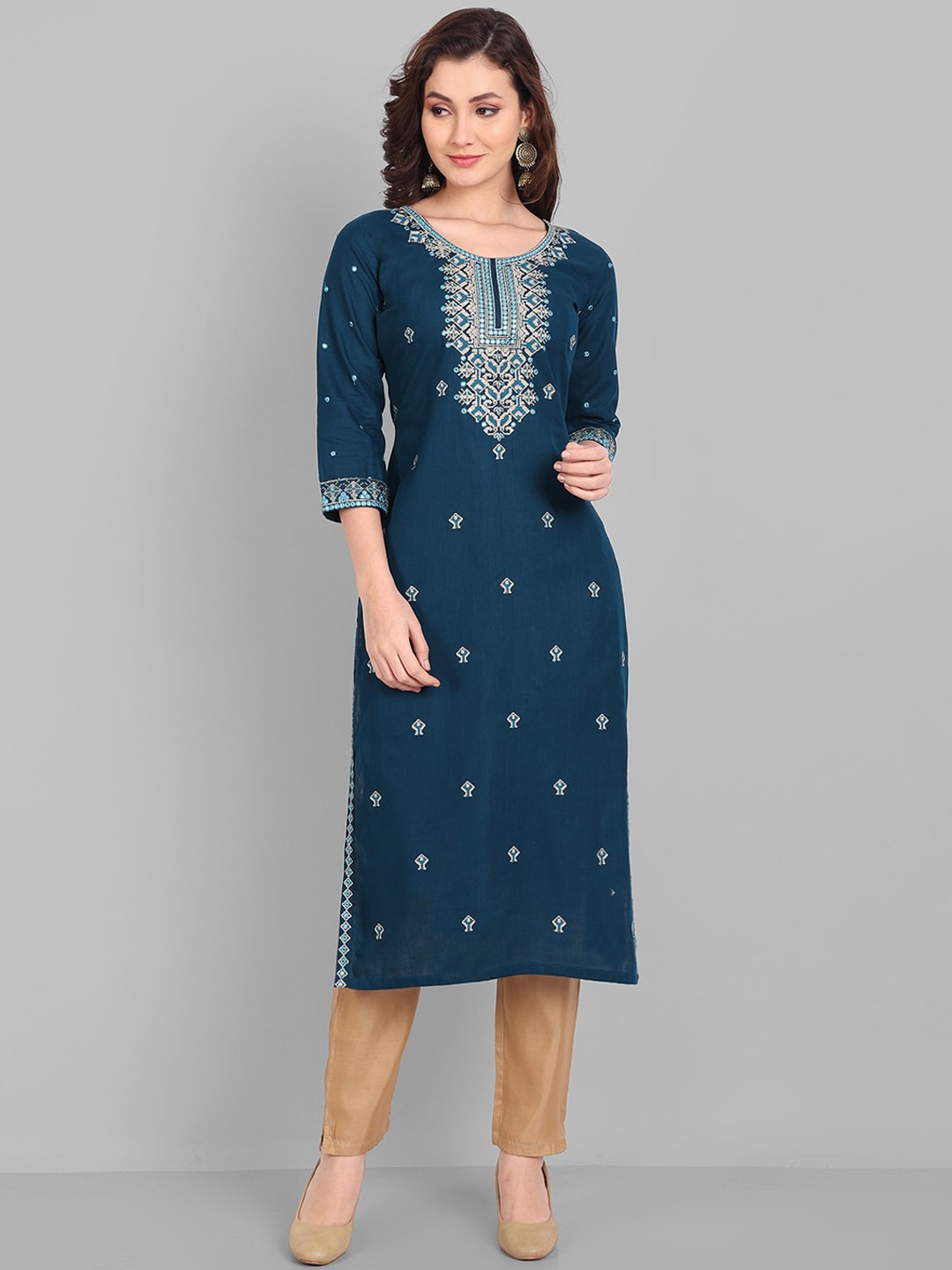 

Pakiza Women Ethnic Motifs Embroidered Mirror Work Cotton Kurta, Blue