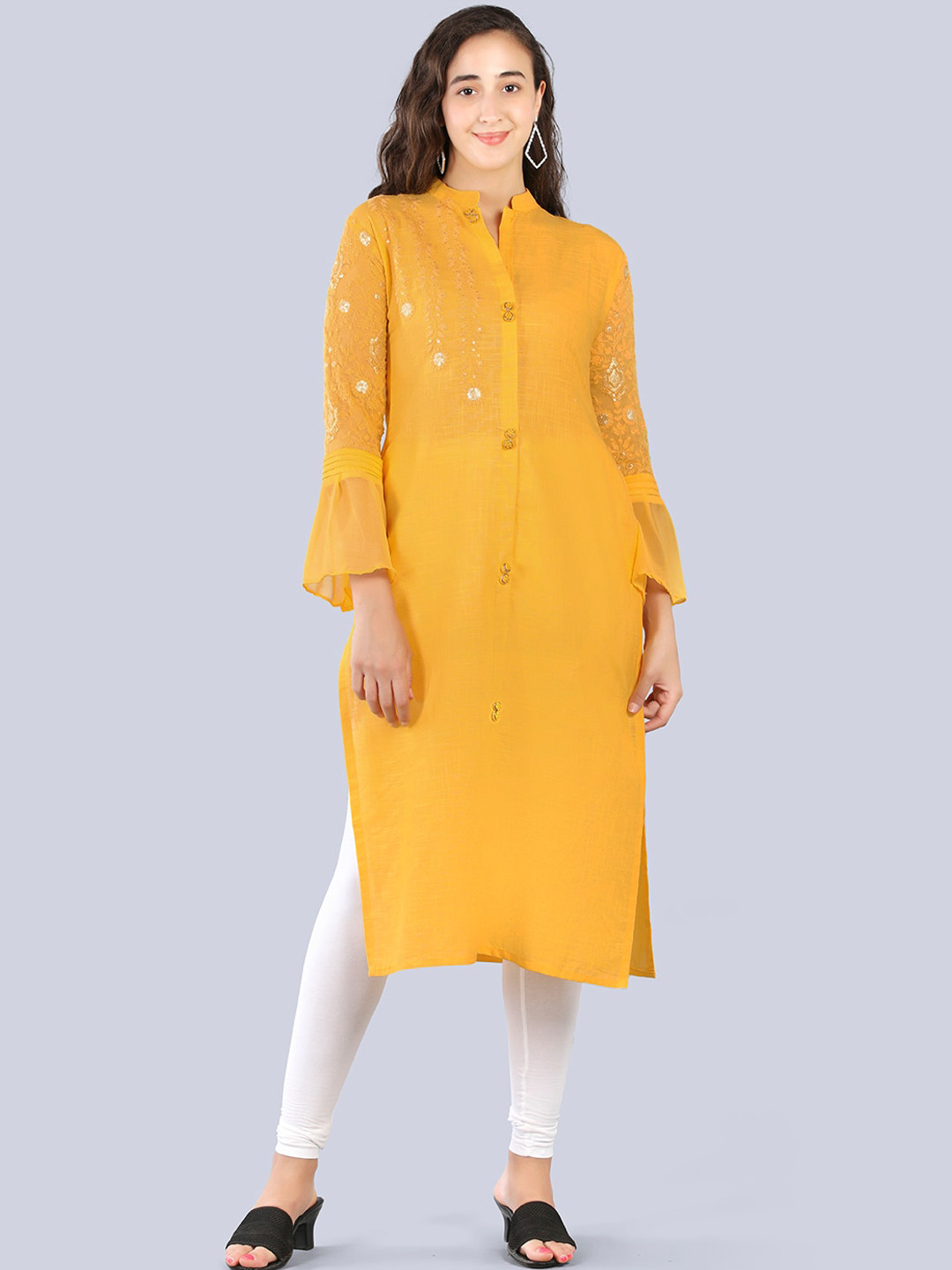 

Pakiza Women Floral Embroidered Bell Sleeves Cotton Kurta, Yellow