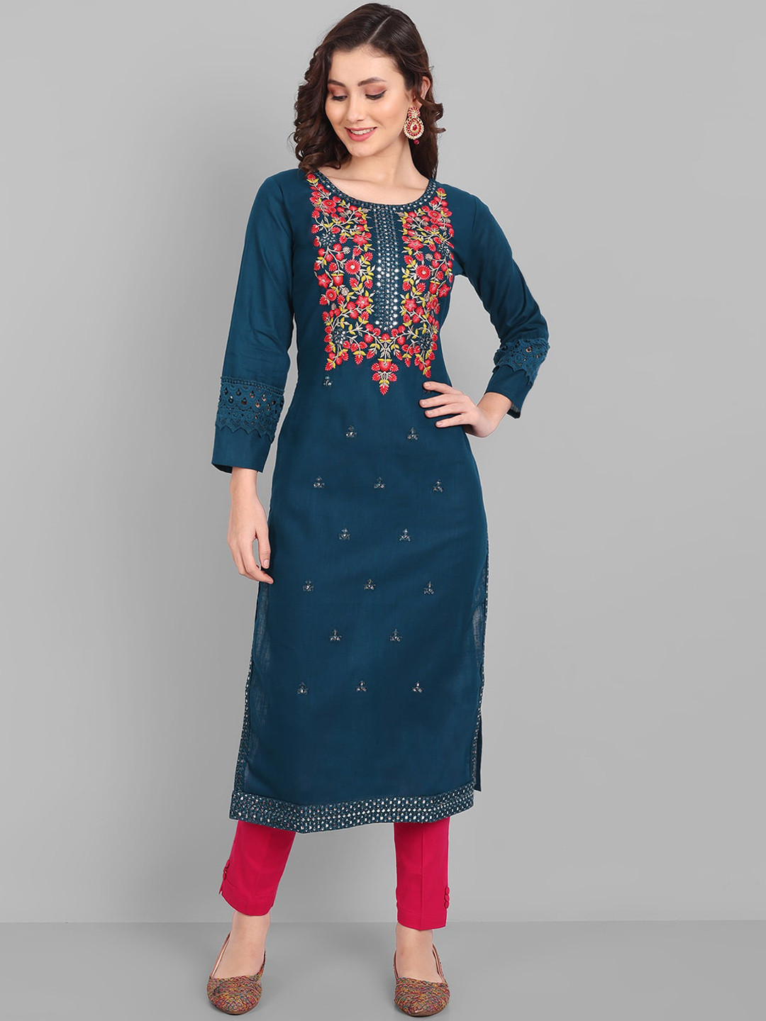 

Pakiza Women Floral Embroidered Mirror Work Cotton Kurta, Blue