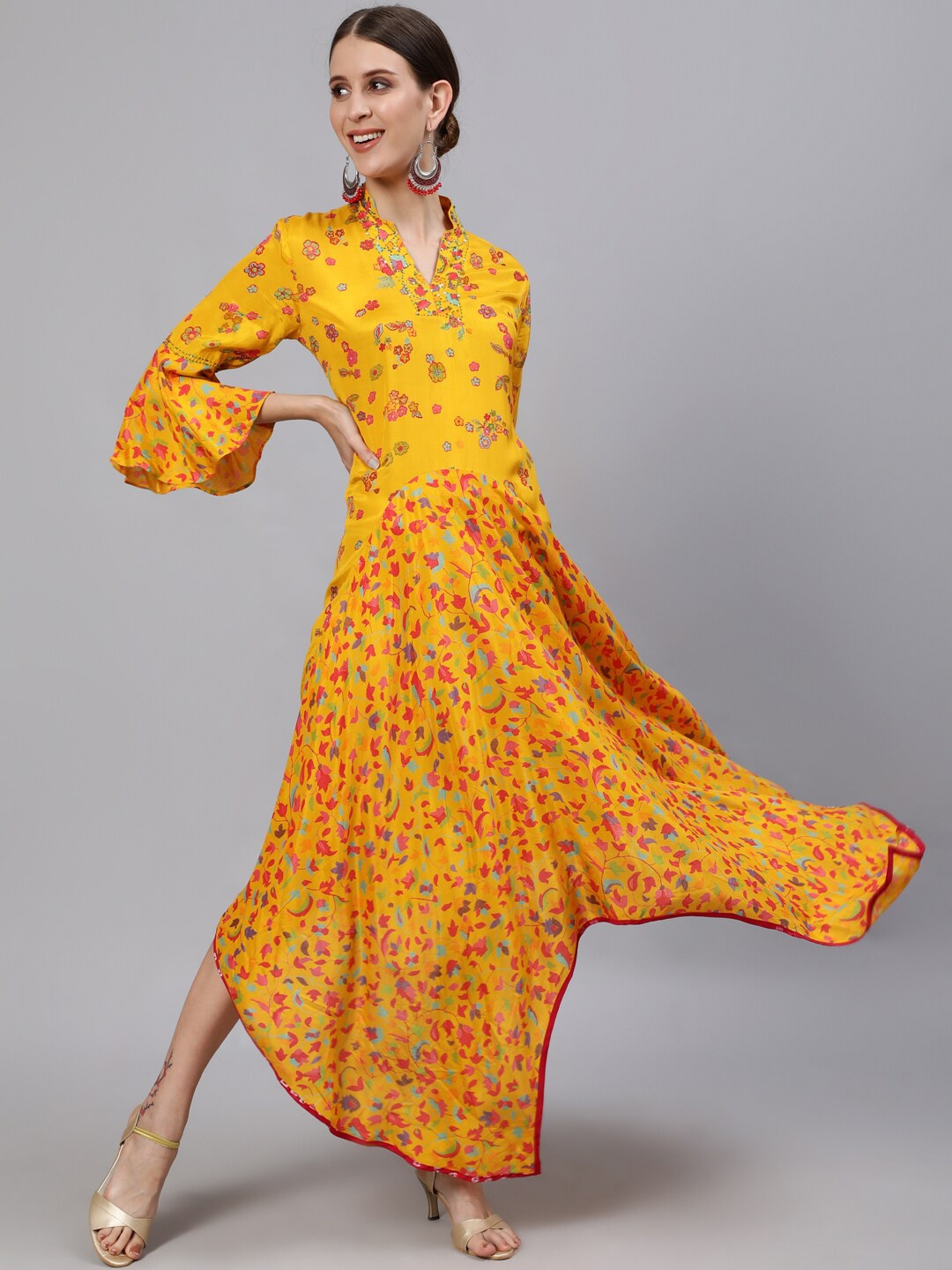 

Ishin Floral Printed Asymmetric Hem Silk Fit & Flare Dress, Mustard