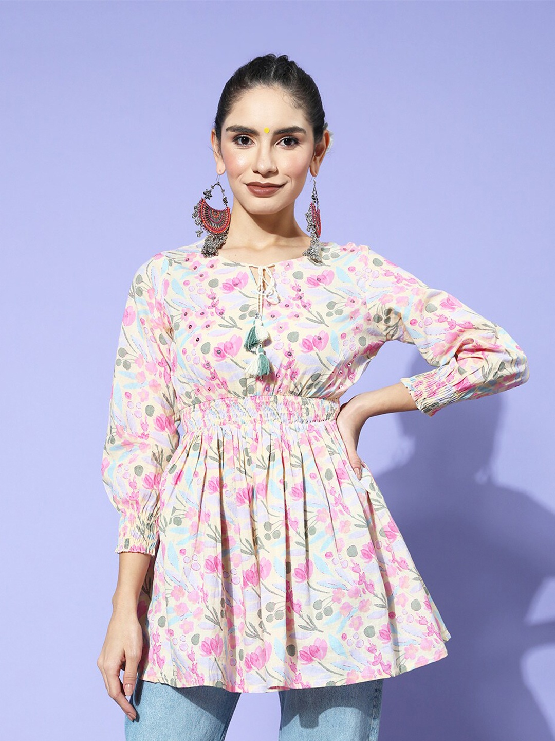 

Ishin Cream-Coloured Floral Print Empire Pure Cotton Top