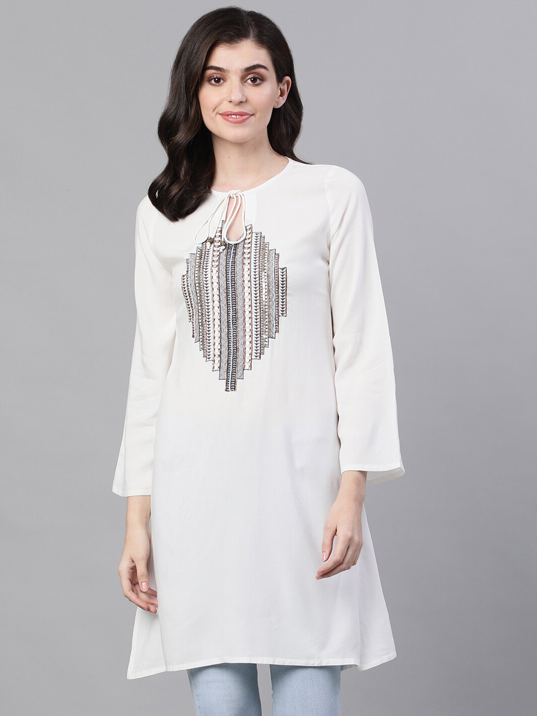 

Ishin Off Embroidered Beads And Stones Tie-Up Neck Kurti, Off white