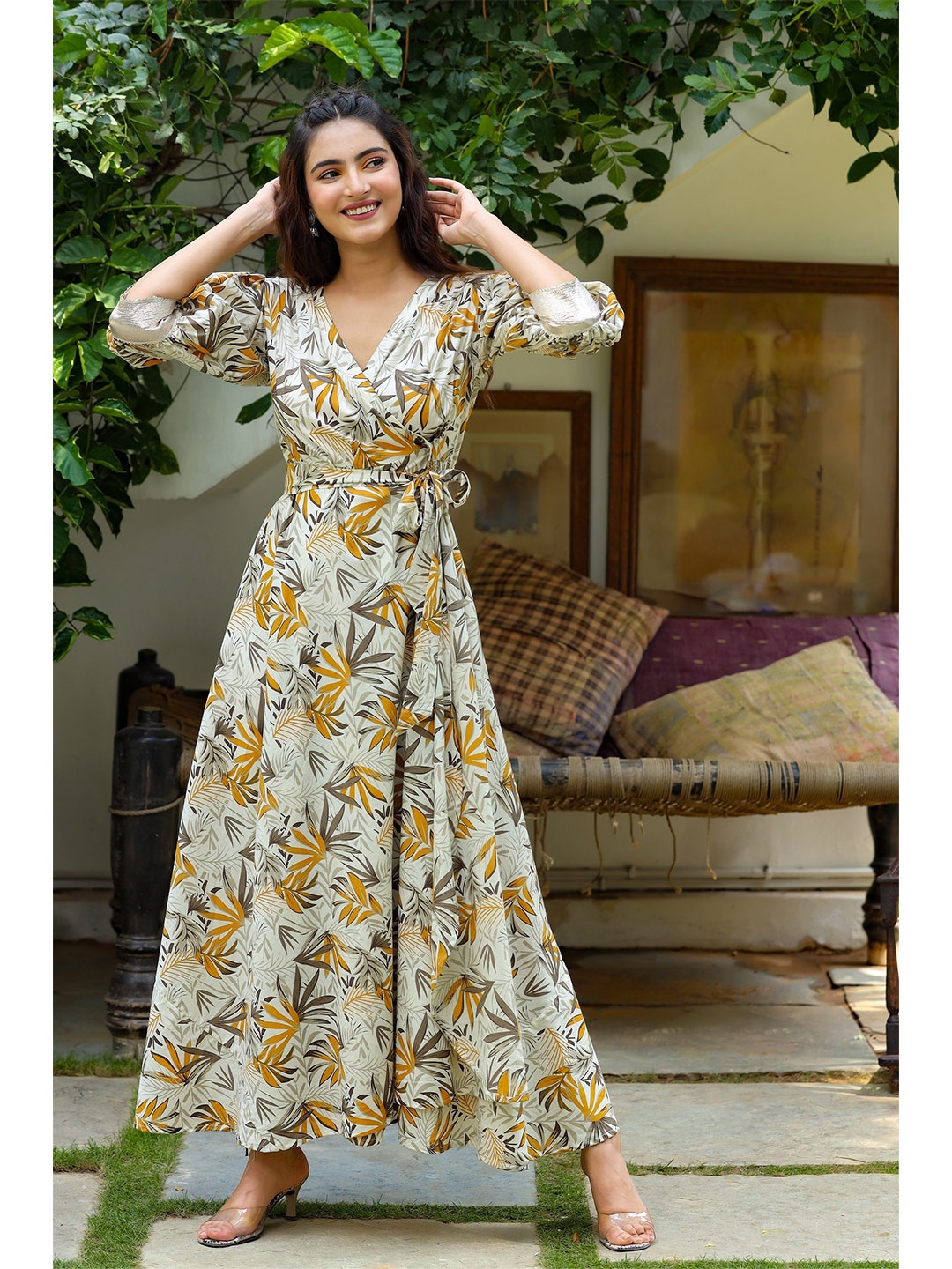

PINKVILLE JAIPUR V-Neck Wrap Floral Maxi Dress, Yellow