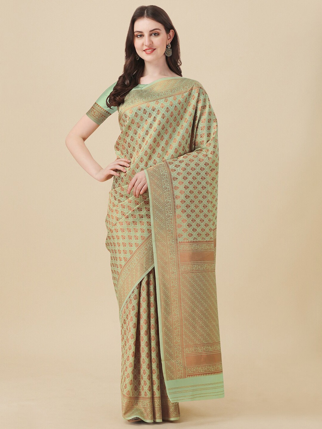 

Kasak Ethnic Motifs Zari Silk Blend Kanjeevaram Saree, Lime green