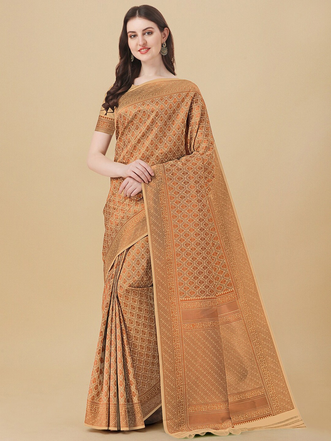 

Kasak Ethnic Motifs Zari Silk Blend Kanjeevaram Saree, Beige