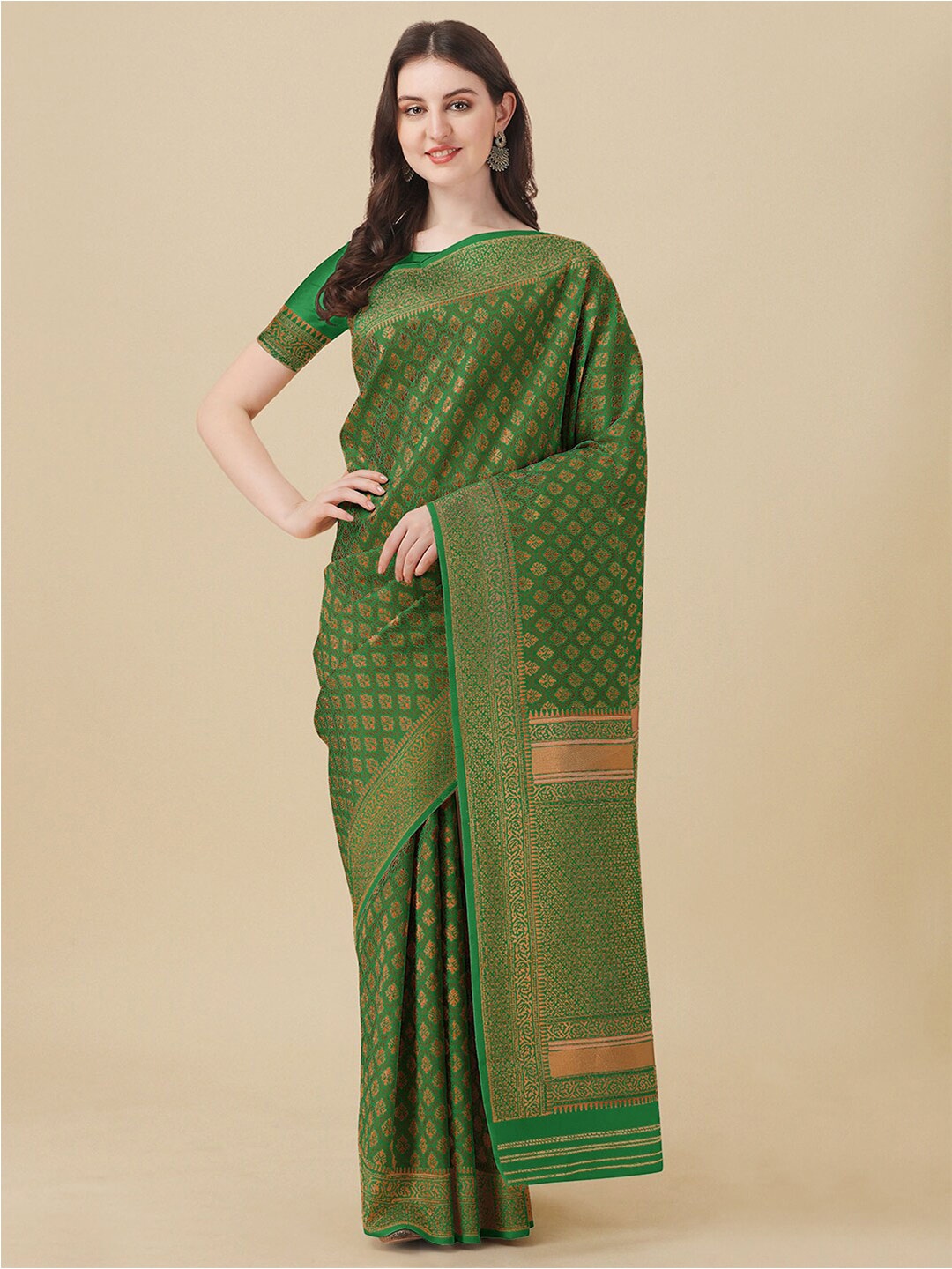

Kasak Ethnic Motifs Zari Silk Blend Kanjeevaram Saree, Green