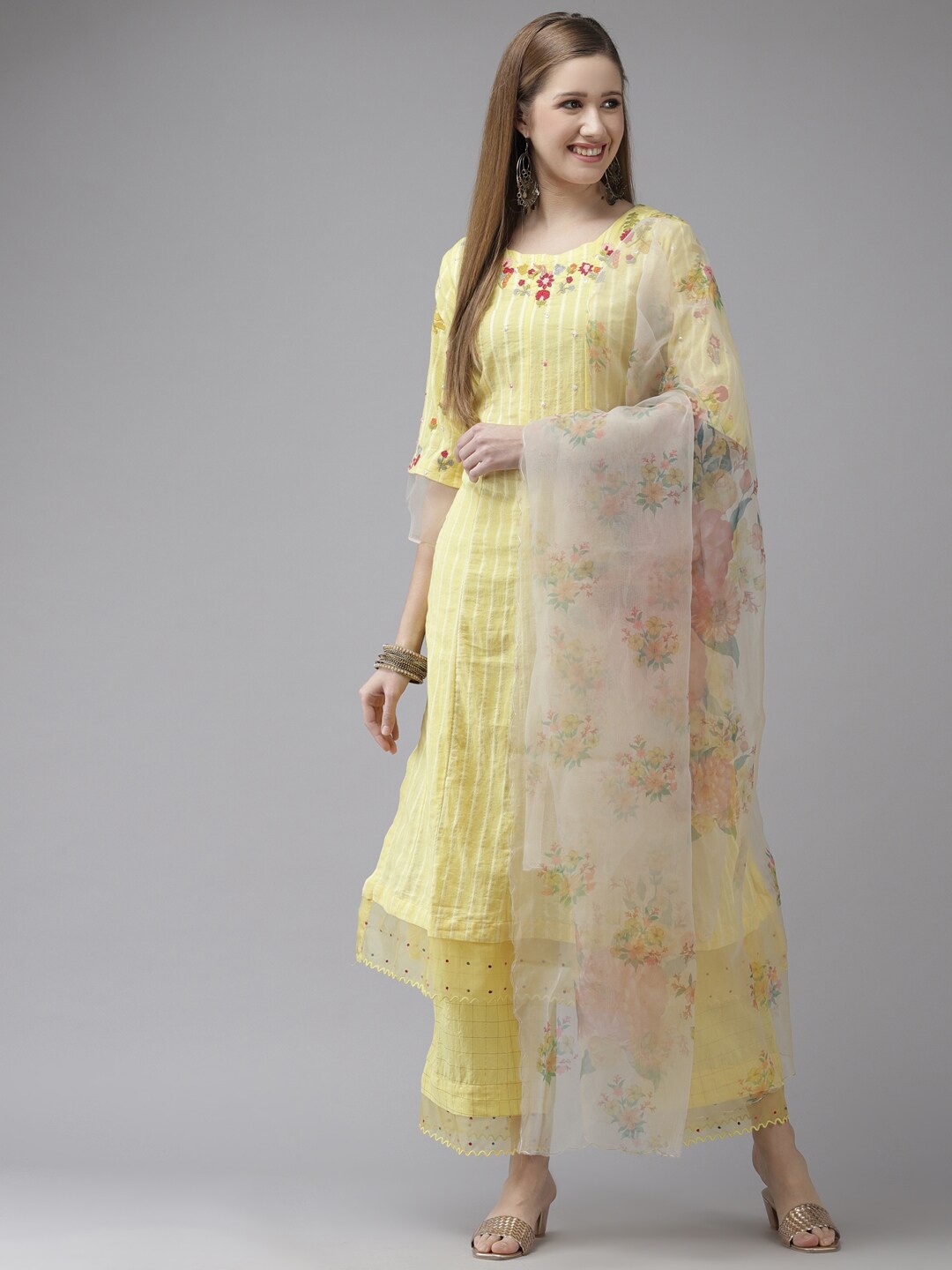 

Ishin Women Floral Embroidered Kurta with Trousers & With Dupatta, Yellow