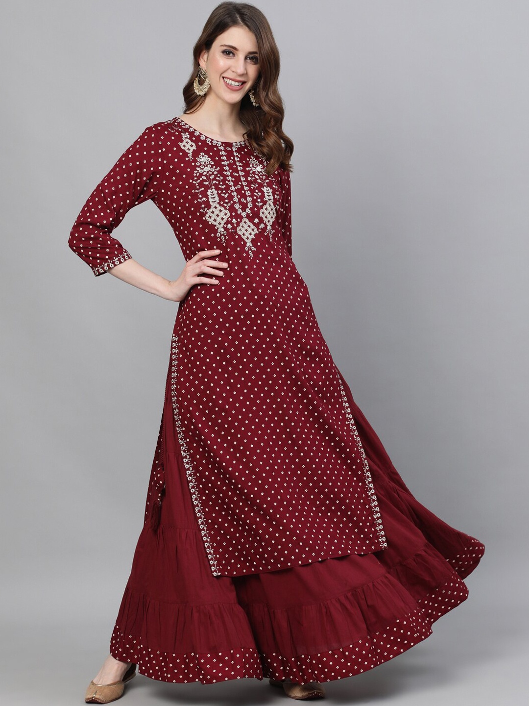

Ishin Women Bandhani Printed Thread Work Kurta with Skirt, Maroon