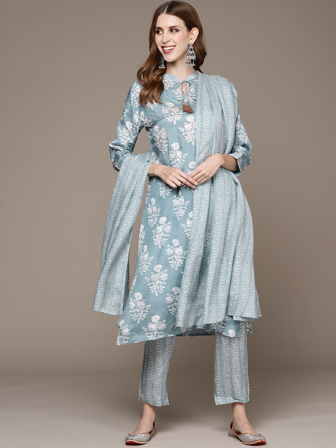 

Ishin Women Floral Embroidered Tie-Up Neck Kurta with Trousers & With Dupatta, Grey