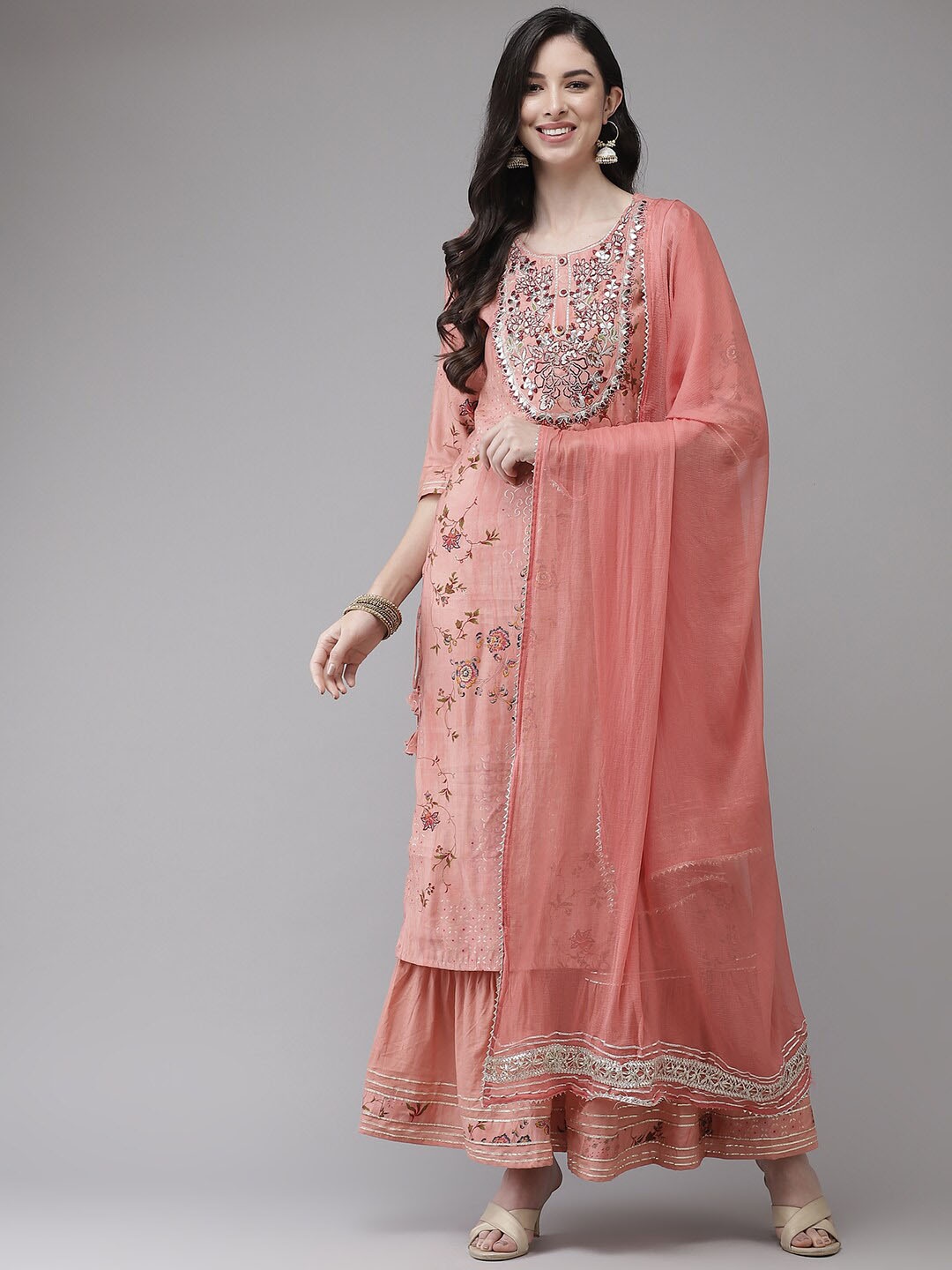 

Ishin Women Floral Printed Kurta with Sharara & With Dupatta, Peach