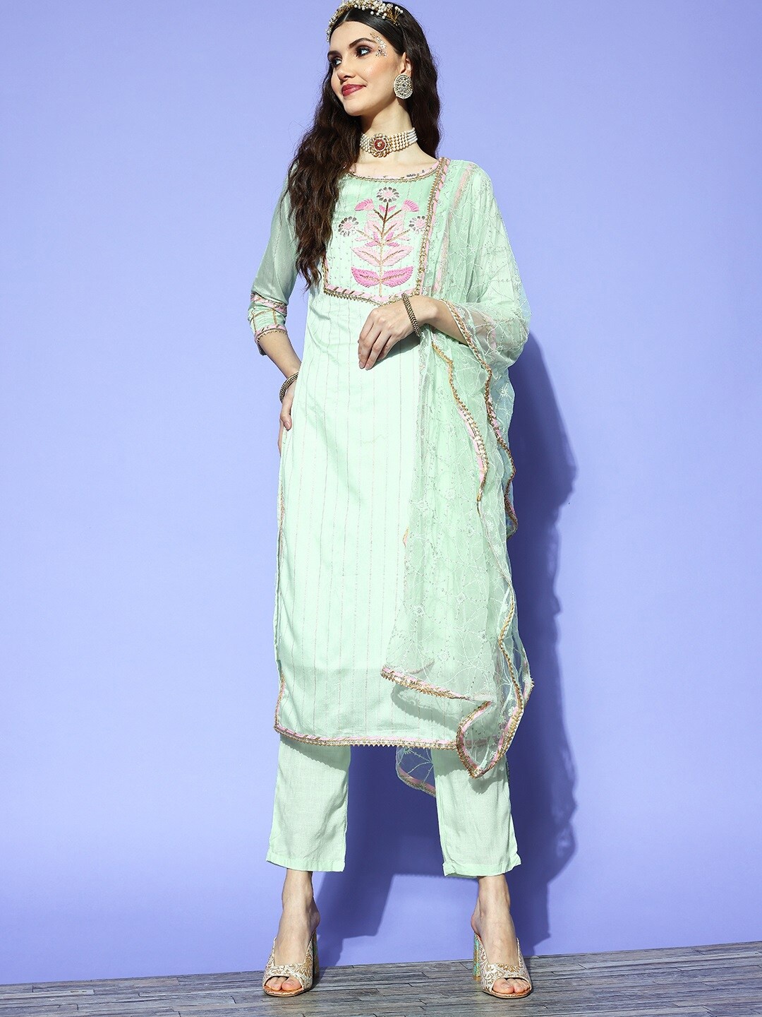 

Ishin Women Floral Embroidered Kurta with Trousers & With Dupatta, Sea green
