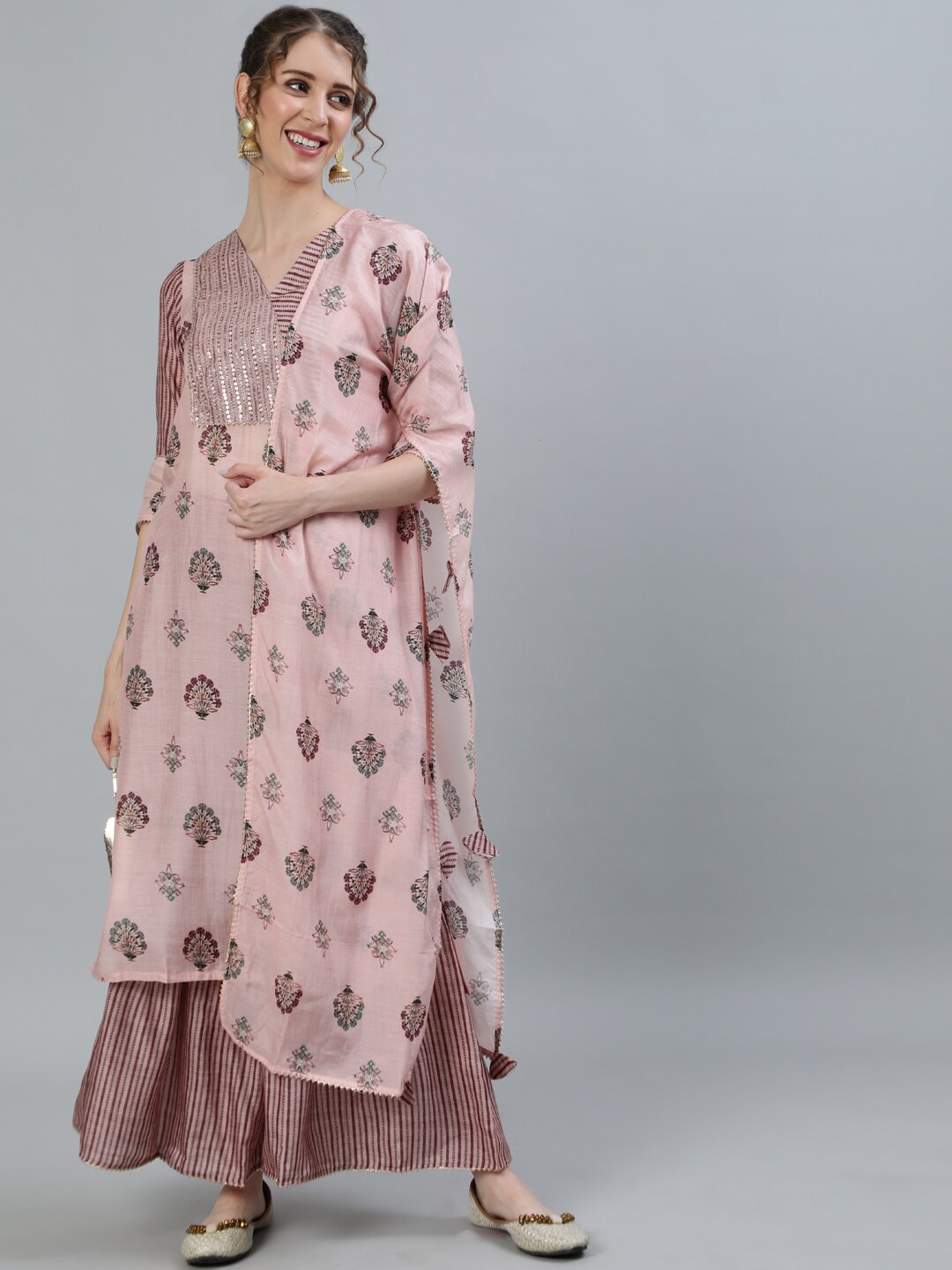 

Ishin Women Floral Printed V Neck Pure Silk Kurta with Sharara & Dupatta, Pink