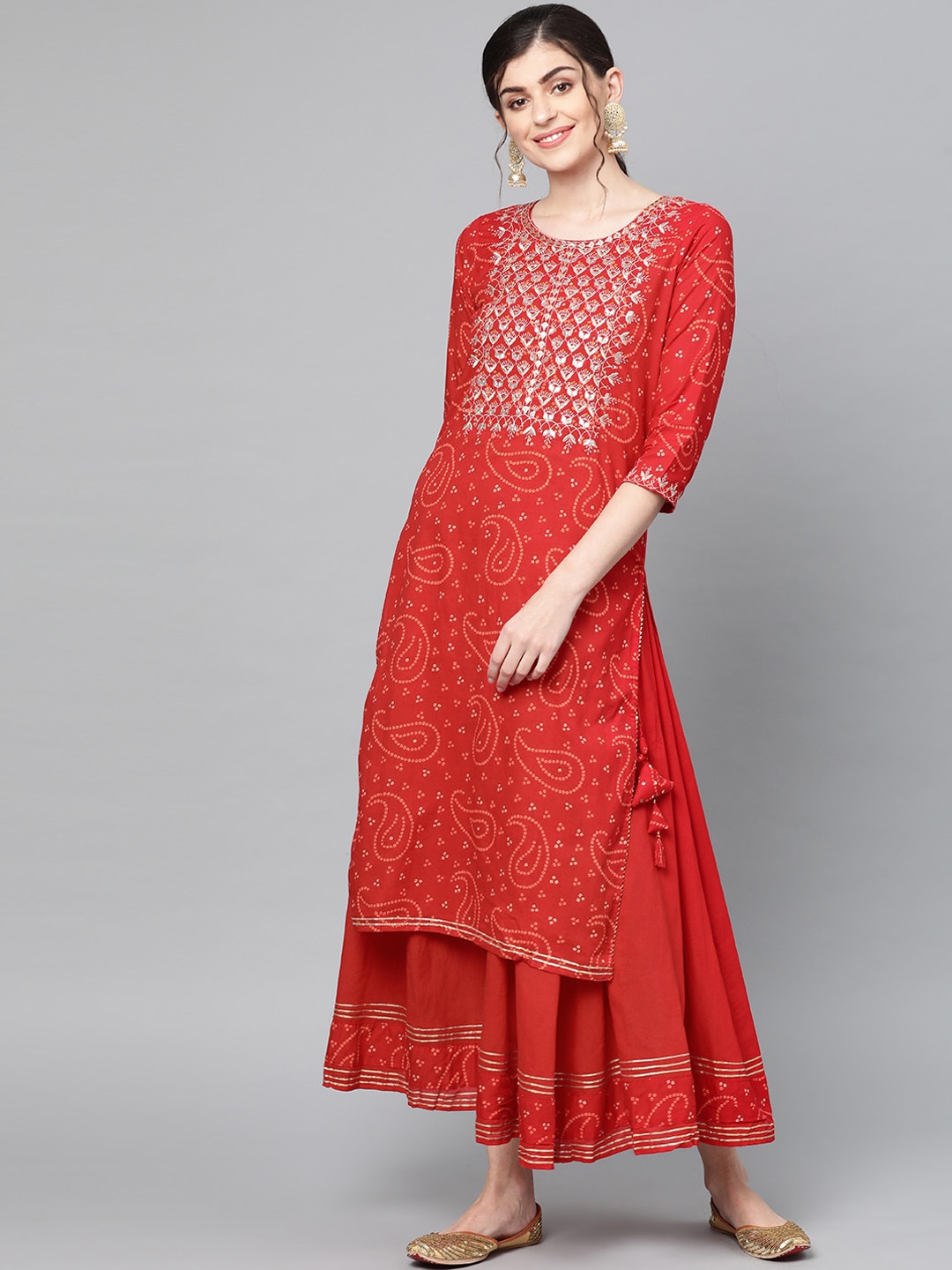

Ishin Women Embroidered Round Neck Gotta Patti Pure Cotton Kurta with Sharara, Red