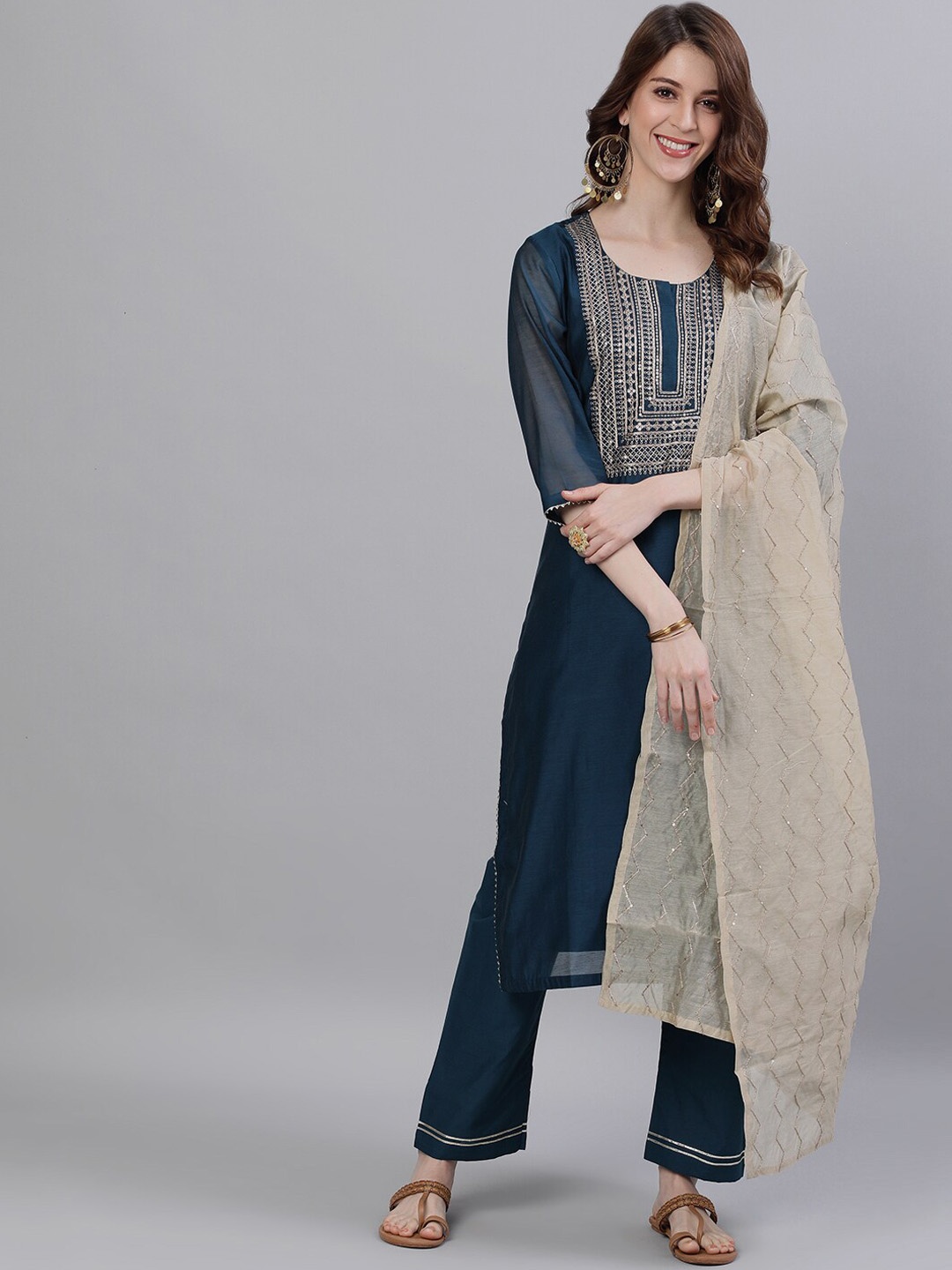 

Ishin Ethnic Motifs Embroidered Kurta with Trousers & With Dupatta, Teal