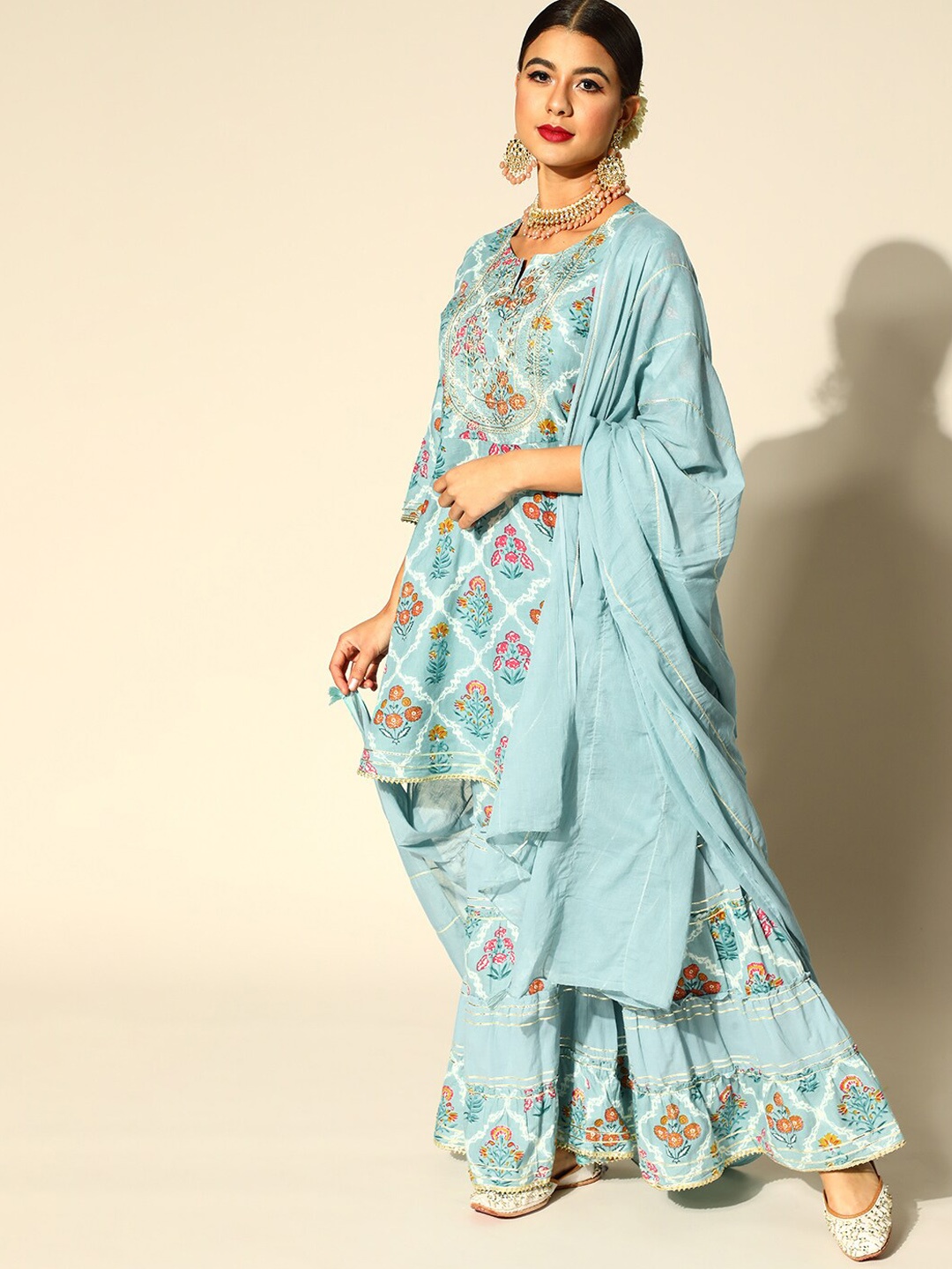 

Ishin Floral Embroidered Pure Cotton Kurta with Sharara & With Dupatta, Blue