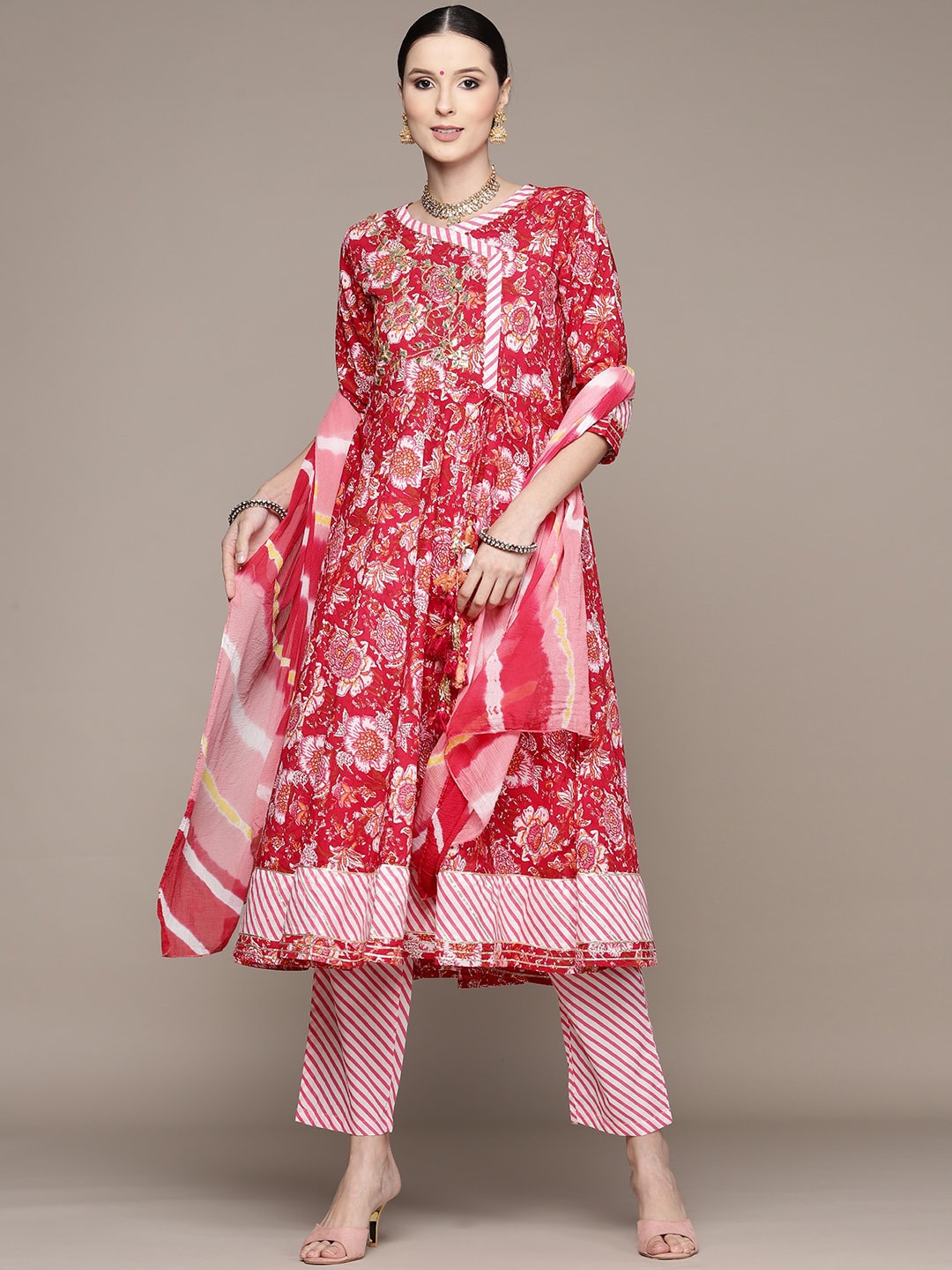

Ishin Women Floral Printed Angrakha Gotta Patti Kurta With Trousers & Dupatta, Pink
