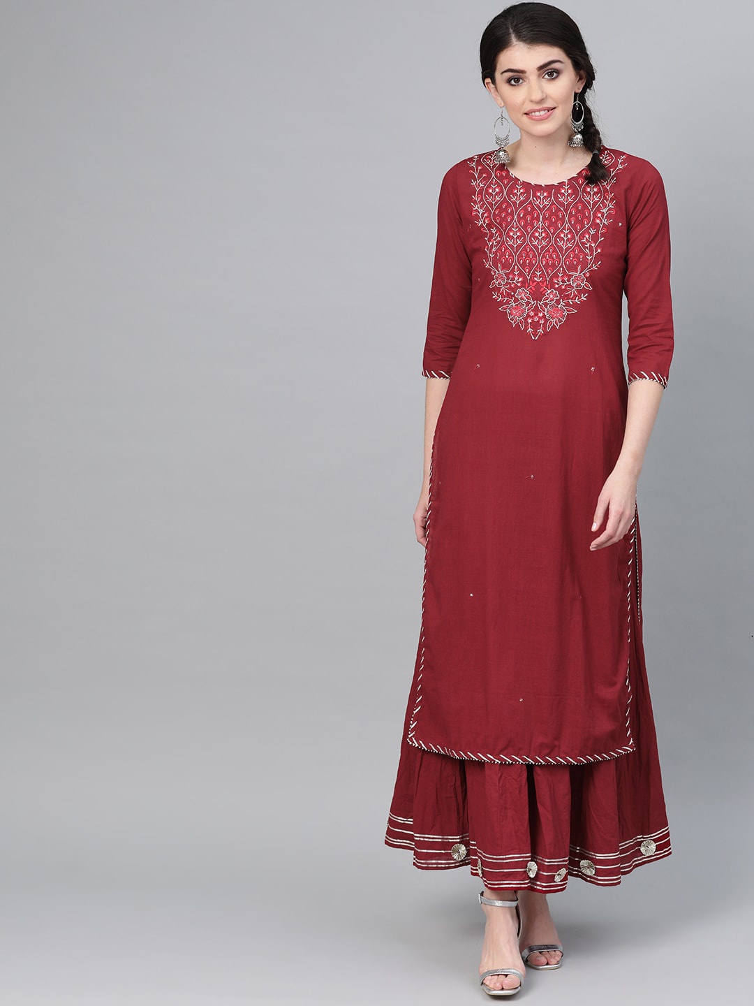 

Ishin Women Floral Embroidered Pure Cotton Kurta with Sharara, Maroon