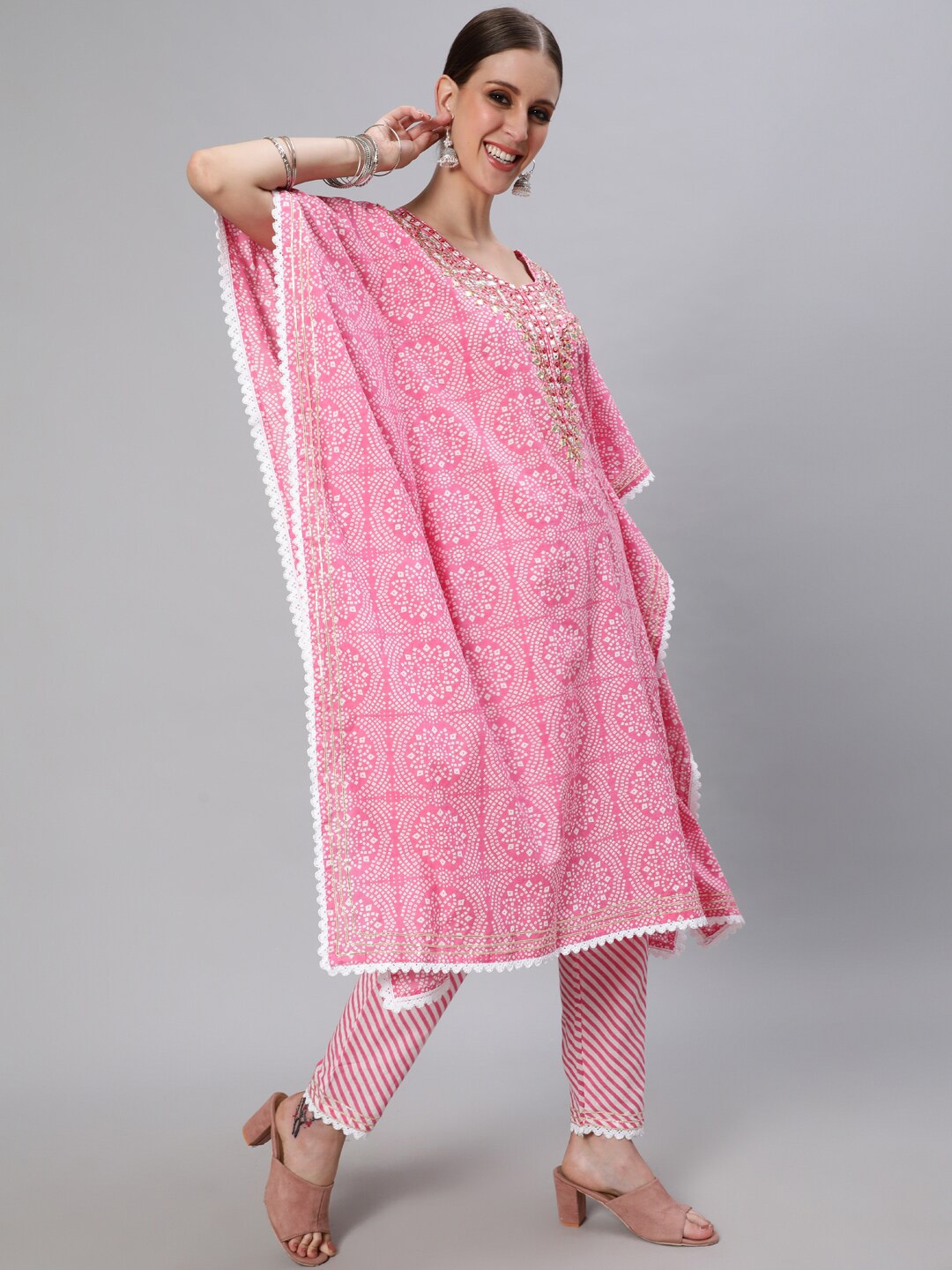 

Ishin Floral Embroidered Mirror Work Pure Cotton Kurta with Trousers, Pink