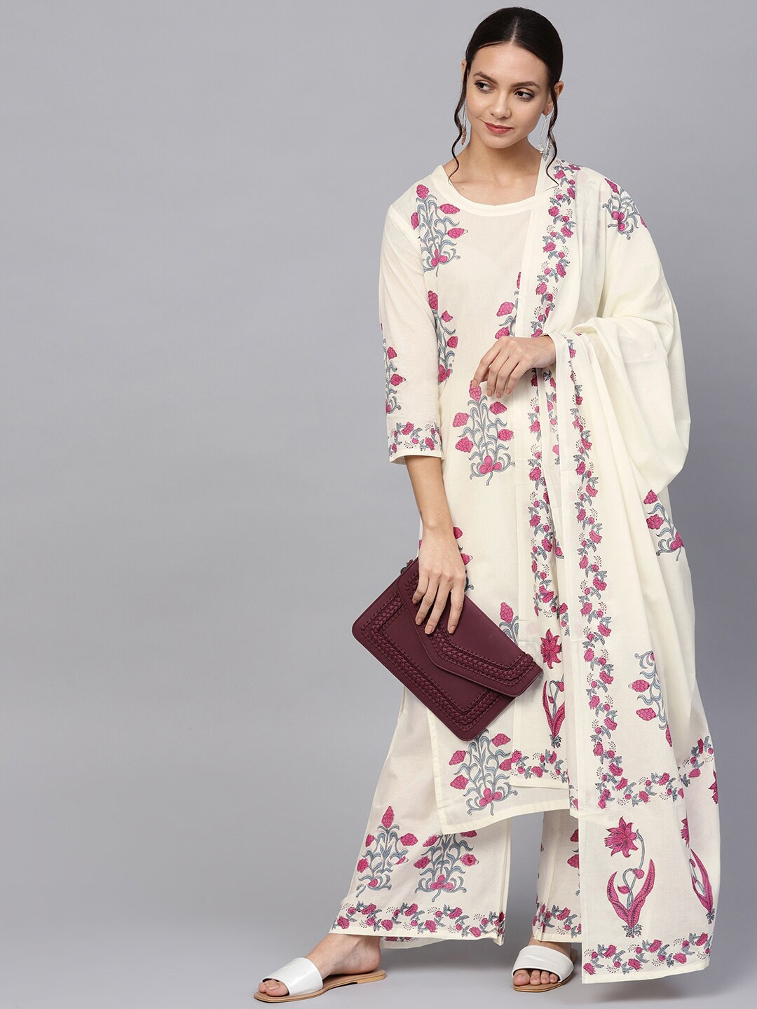

Ishin Floral Printed Pure Cotton Kurta with Palazzos & Dupatta, Off white