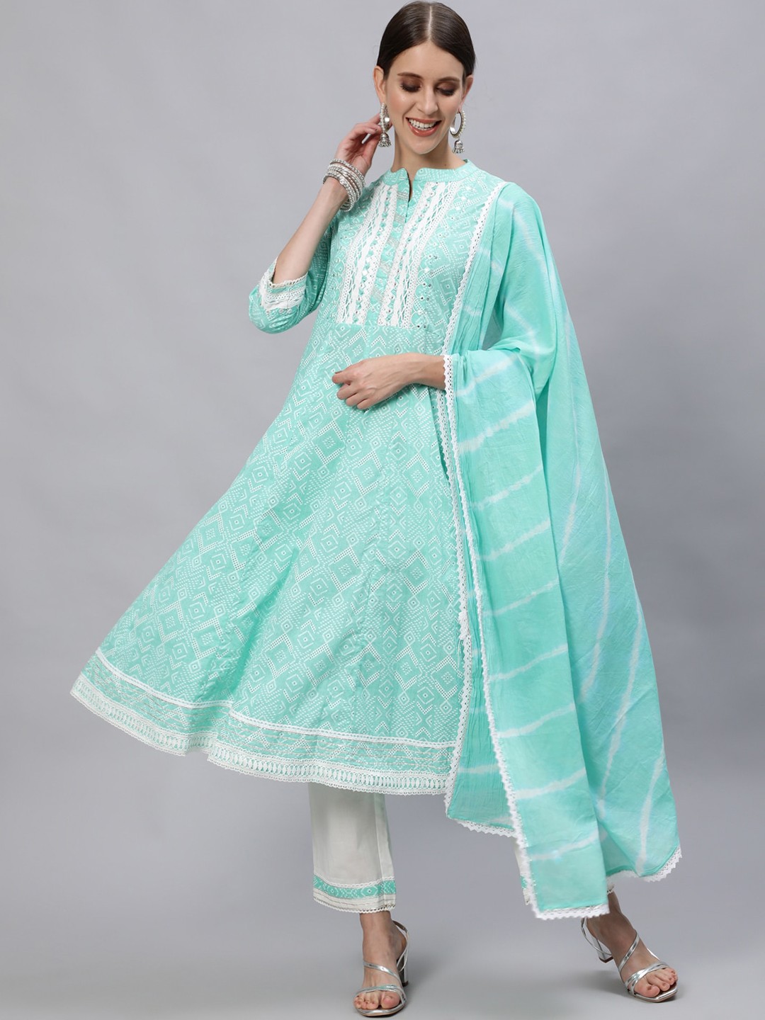 

Ishin Women Ethnic Motifs Printed Pure Cotton Kurta with Trousers & With Dupatta, Sea green