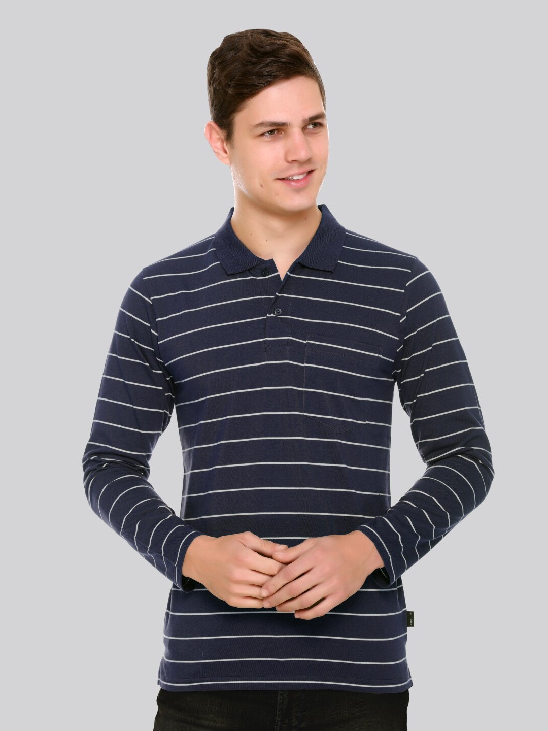 

GODFREY Men Striped Polo Collar Cotton T-shirt, Navy blue