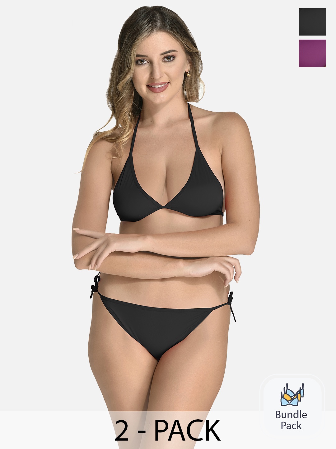 

StyFun Pack Of 2 Non-Wired Non-Padded Mid-Rise Satin Lingerie Set, Black