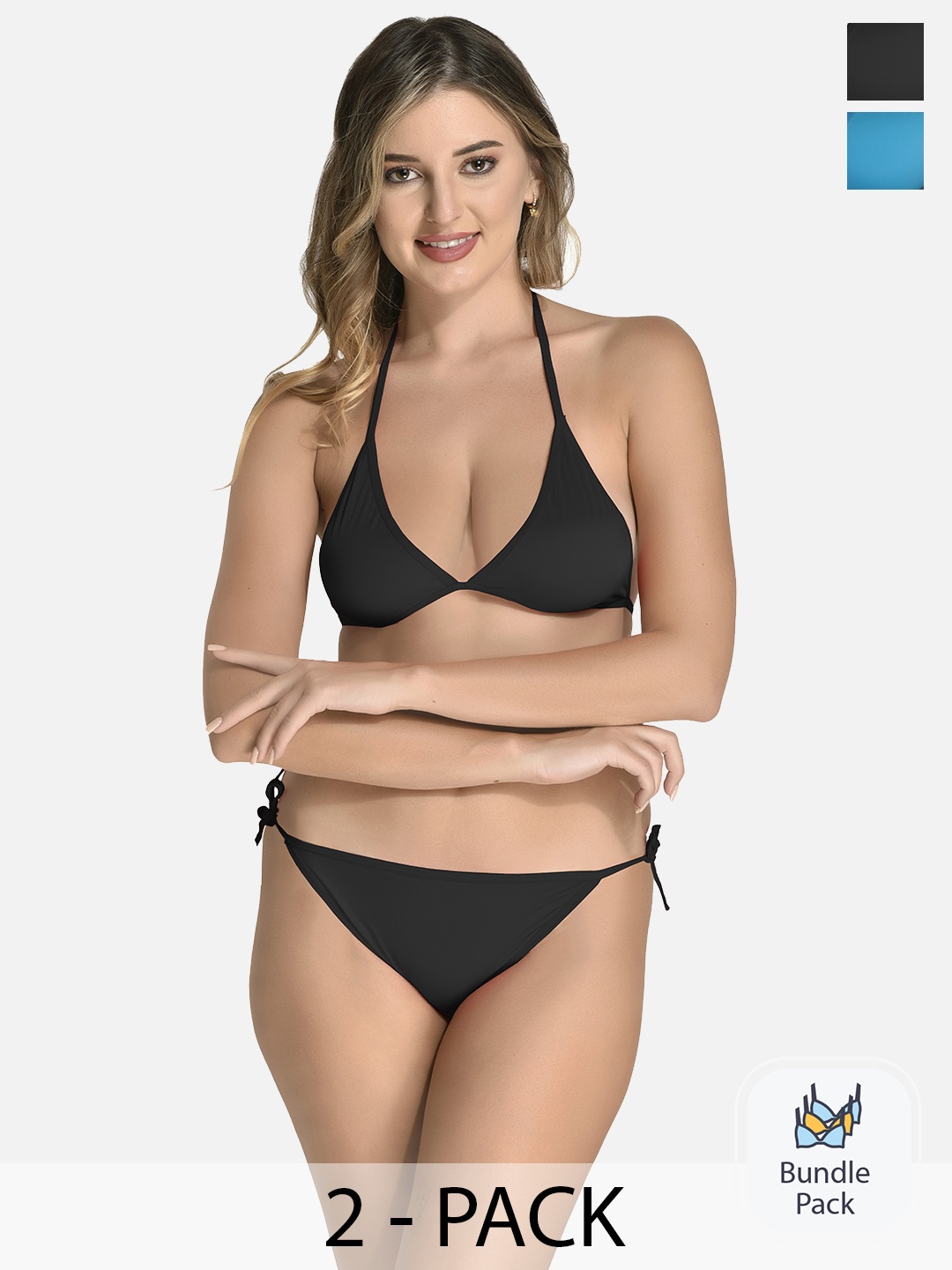 

StyFun Pack Of 2 Non-Wired Non-Padded Mid-Rise Satin Lingerie Set, Black
