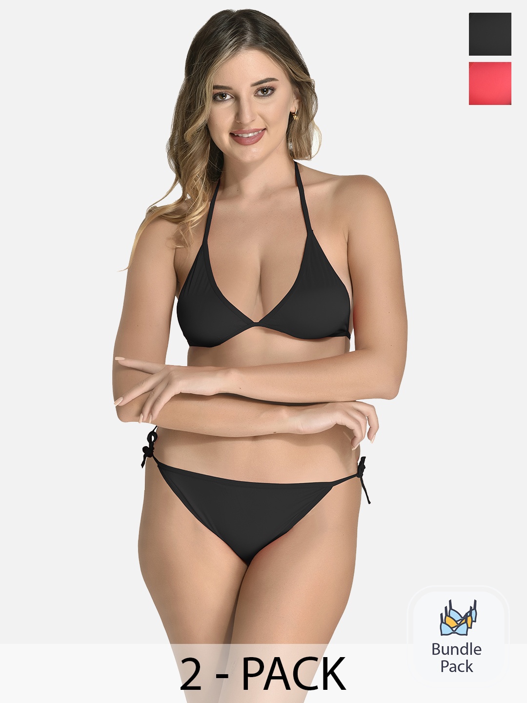 

StyFun Pack Of 2 Non-Wired Non-Padded Mid-Rise Satin Lingerie Set, Black