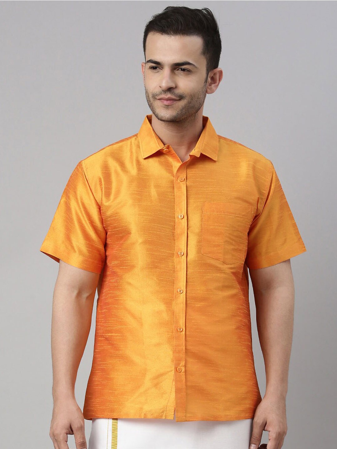 

VASTRAMAY Men Premium Casual Silk Shirt, Orange