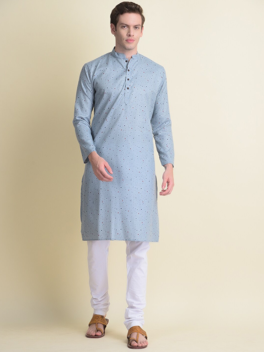 

NAMASKAR Men Mandarin Collar Striped Pure Cotton Kurta with Churidar, Grey