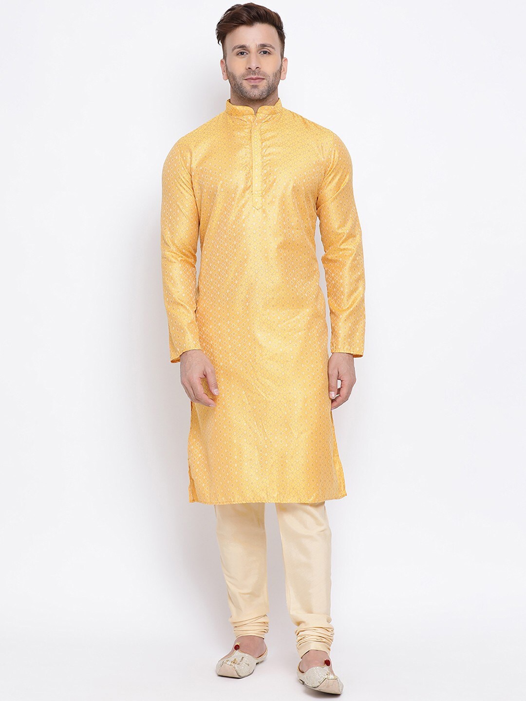 

NAMASKAR Men Mandarin Collar Dupion Silk Kurta with Churidar, Mustard