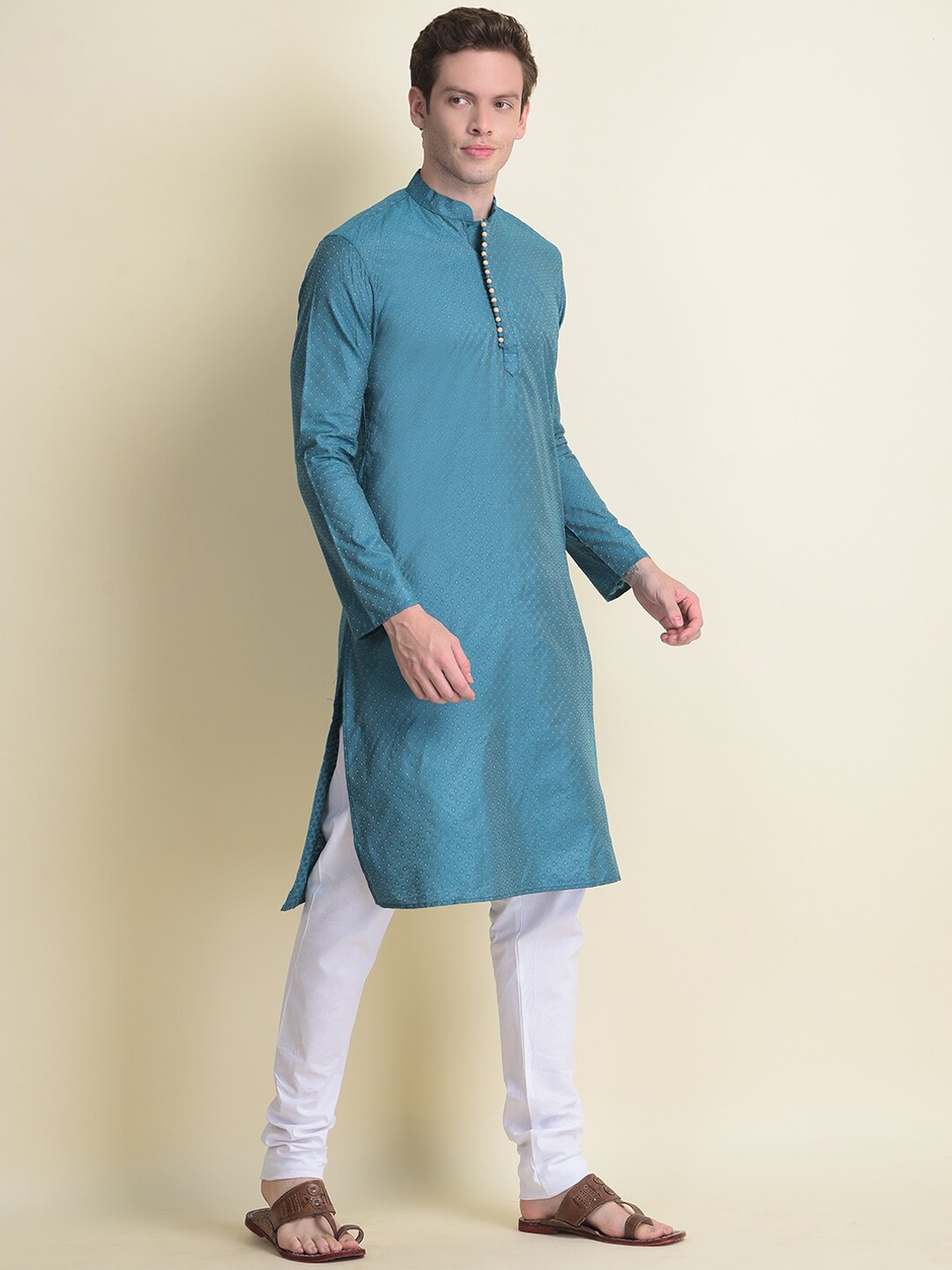 

NAMASKAR Men Woven Design Pure Cotton Kurta with Churidar, Teal