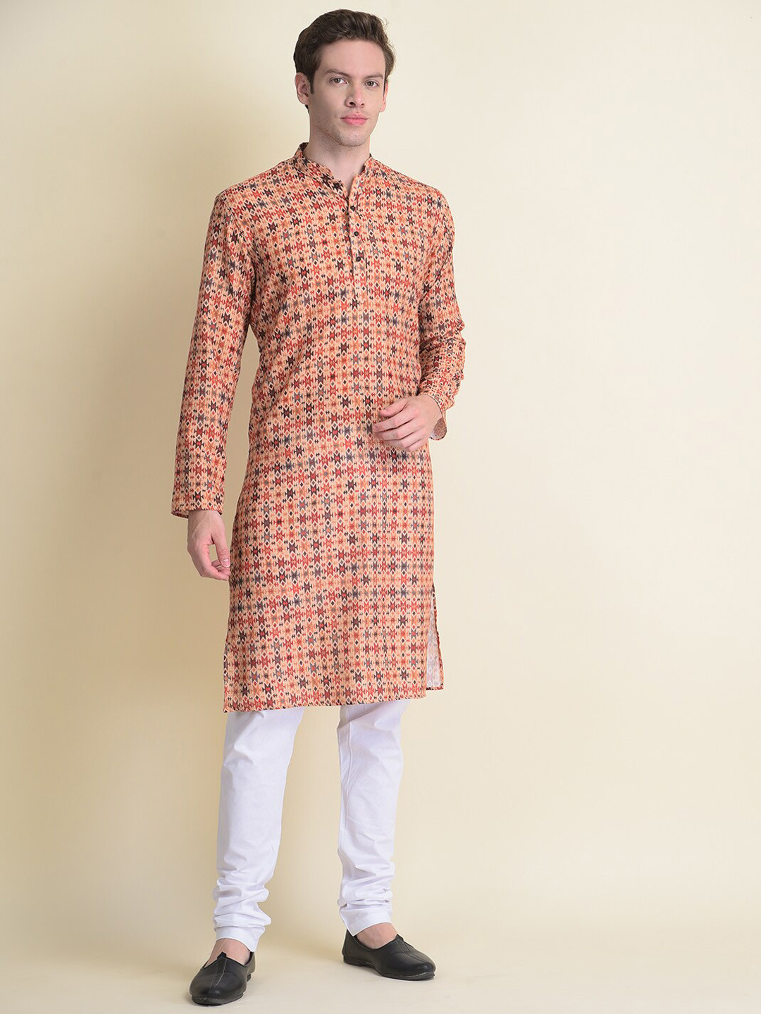 

NAMASKAR Men Ethnic Motifs Printed Pure Cotton Kurta with Churidar, Beige