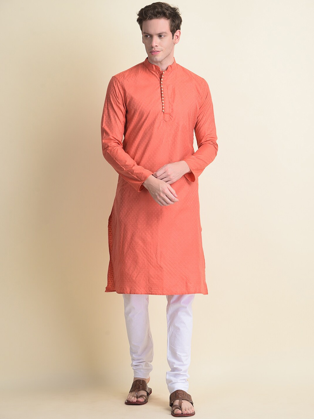 

NAMASKAR Men Printed Mandarin Collar Pure Cotton Kurta with Churidar, Orange