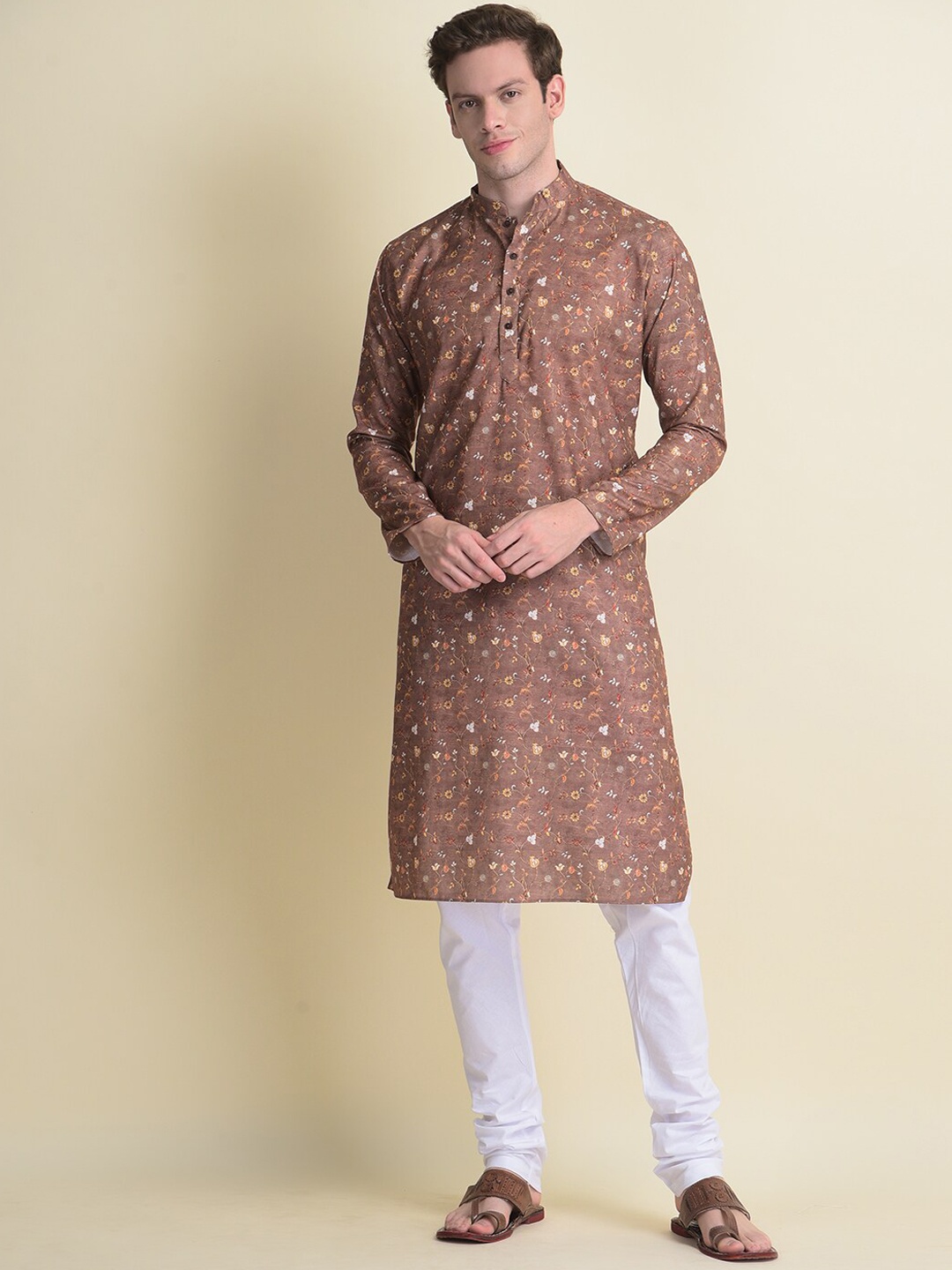 

NAMASKAR Men Floral Printed Mandarin Collar Pure Cotton Kurta with Churidar, Brown