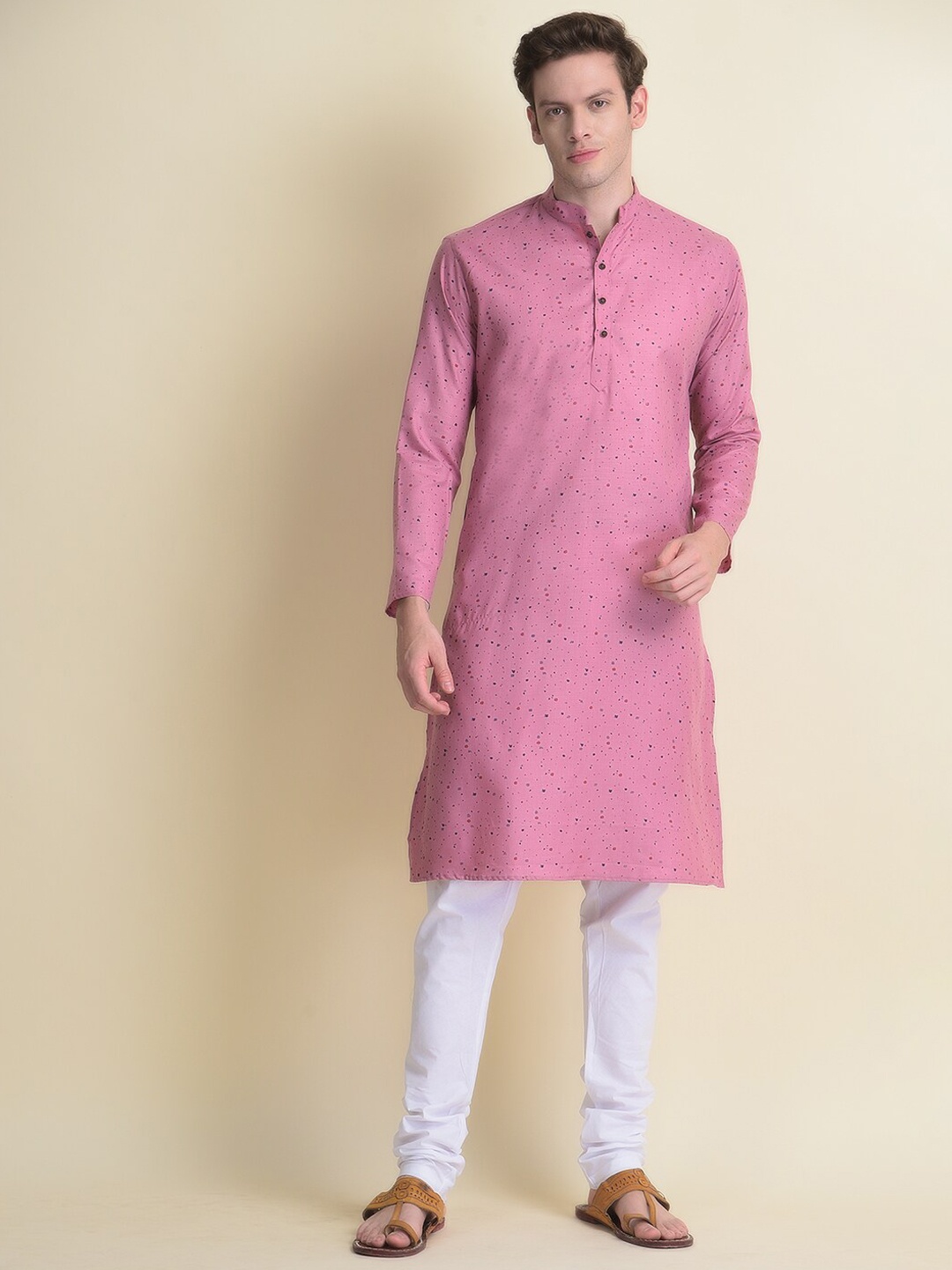 

NAMASKAR Men Printed Mandarin Collar Pure Cotton Kurta with Churidar, Pink