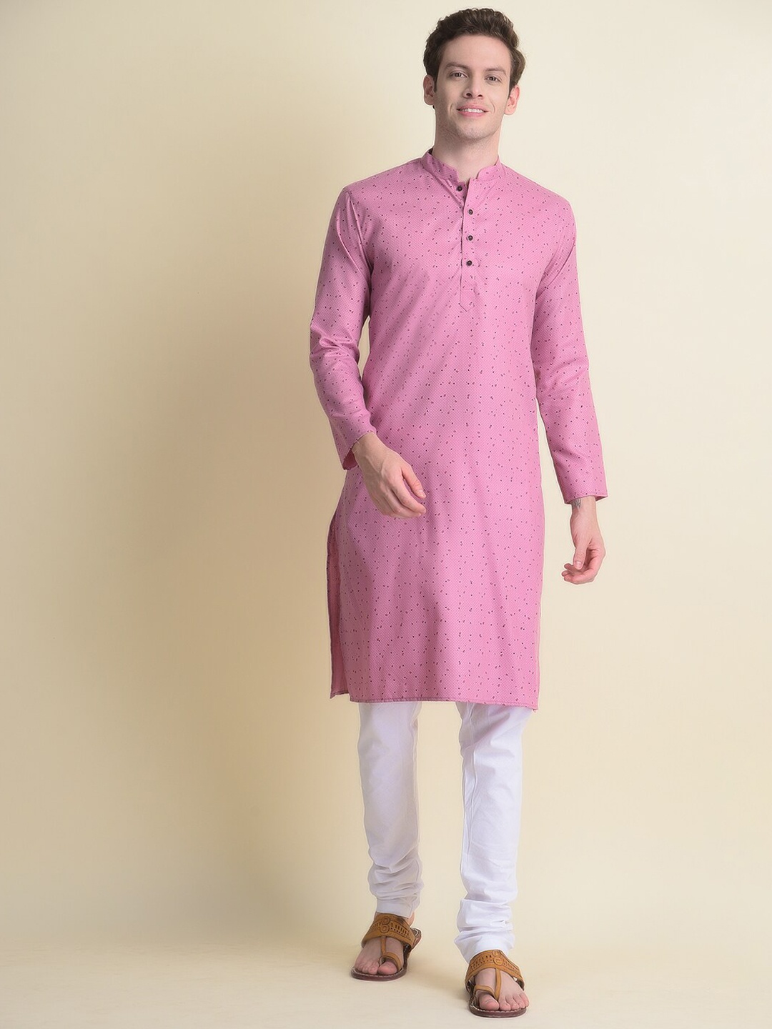 

NAMASKAR Men Printed Mandarin Collar Pure Cotton Kurta with Churidar, Pink