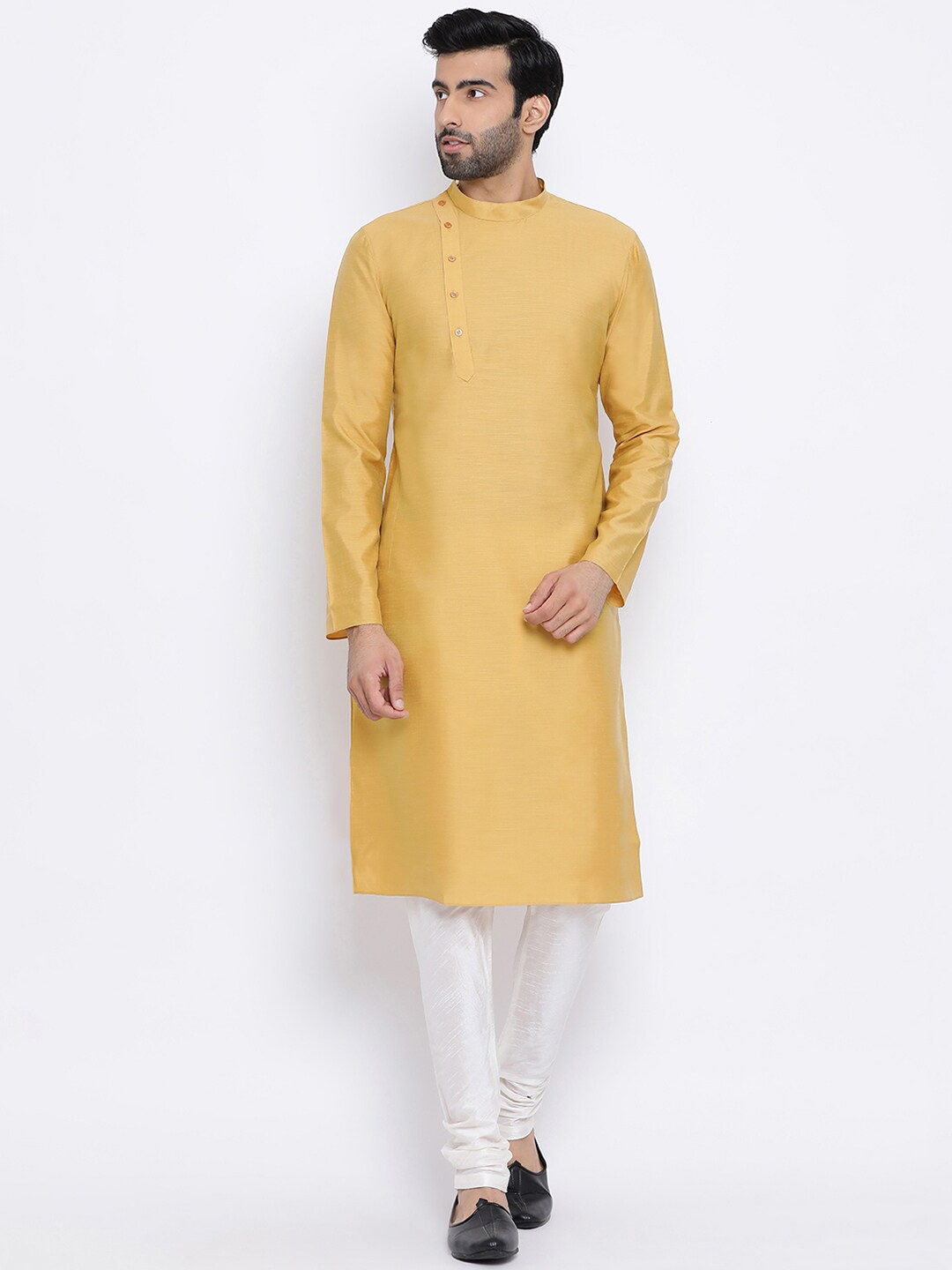 

NAMASKAR Men Mandarin Collar Pure Silk Kurta with Churidar, Yellow
