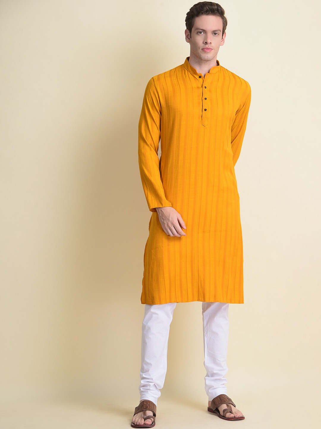

NAMASKAR Men Striped Pure Cotton Kurta with Churidar, Mustard