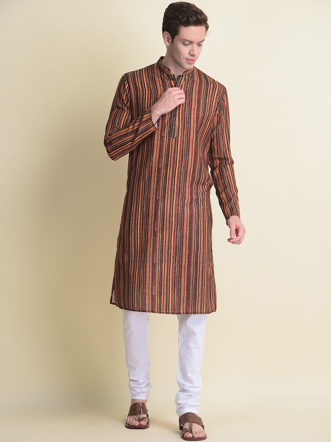 

NAMASKAR Men Striped Pure Cotton Kurta with Churidar, Brown