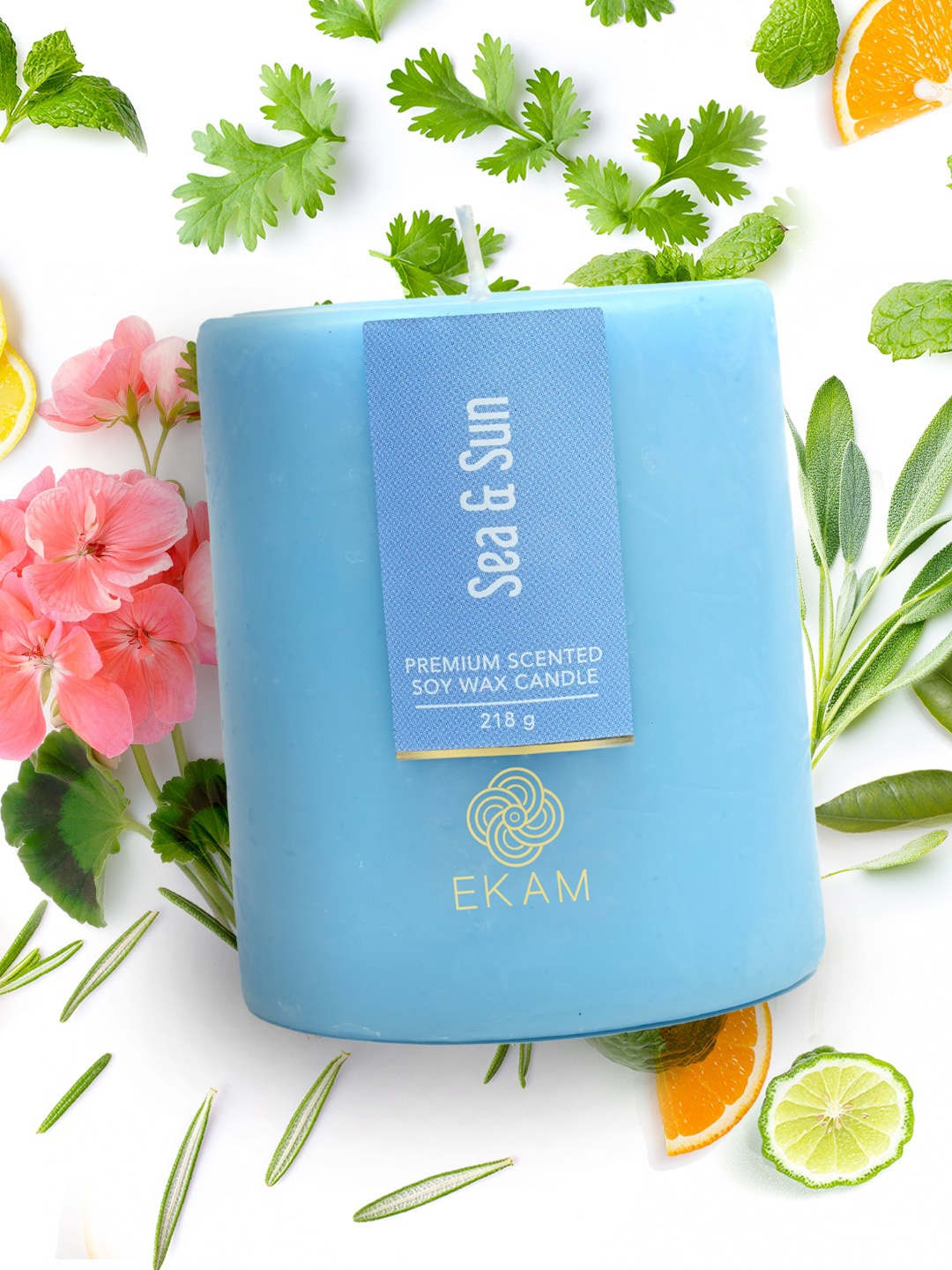

Ekam Blue Brand Logo Printed Sea & Sun Fragrance Scented Pillar Candles