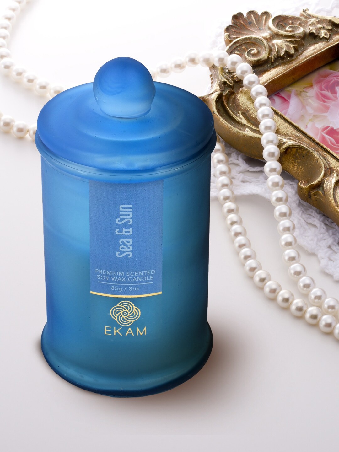 

Ekam Blue Brand Logo Printed Sea & Sun Fragrance Apothecary Jar Scented Candle