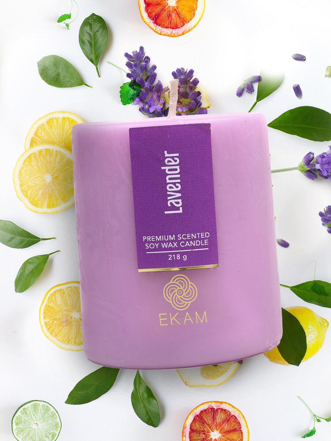 

Ekam Purple Brand Logo Printed Lavender Fragrance Scented Pillar Candle