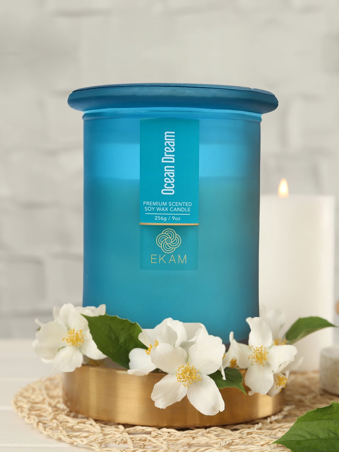 

Ekam Sky Blue Brand Logo Printed Ocean Dream Fragrance Ring Jar Premium scented Candle