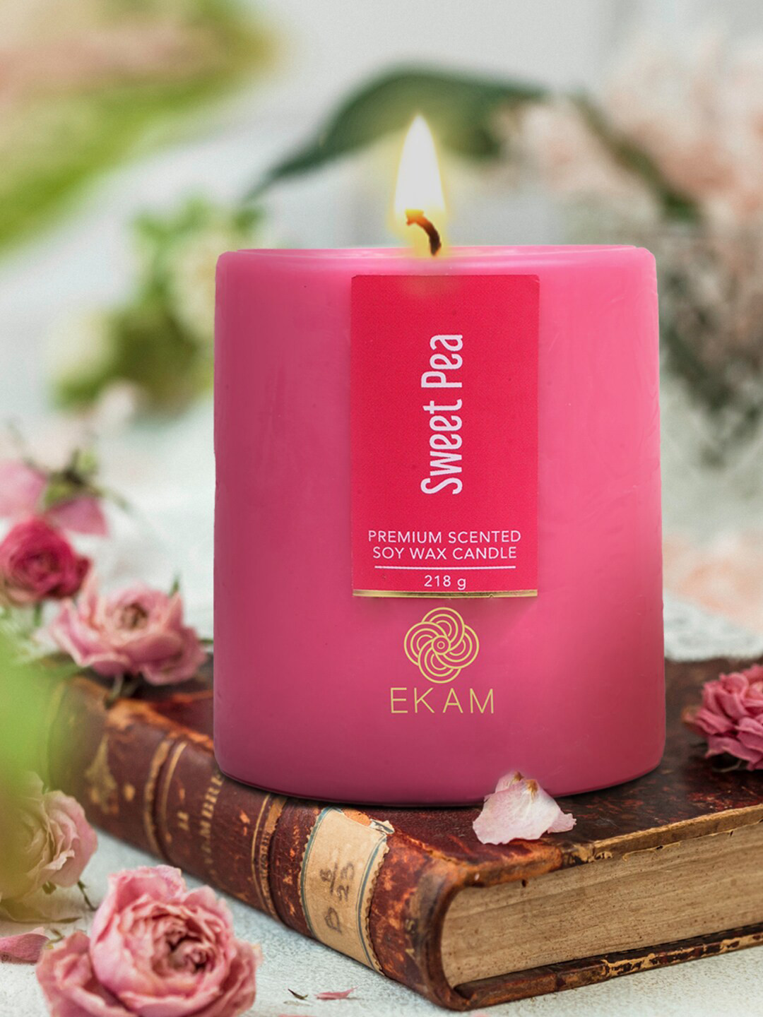 

Ekam Pillar Pink Brand Logo Printed Sweet Pea Fragrance Scented Candle
