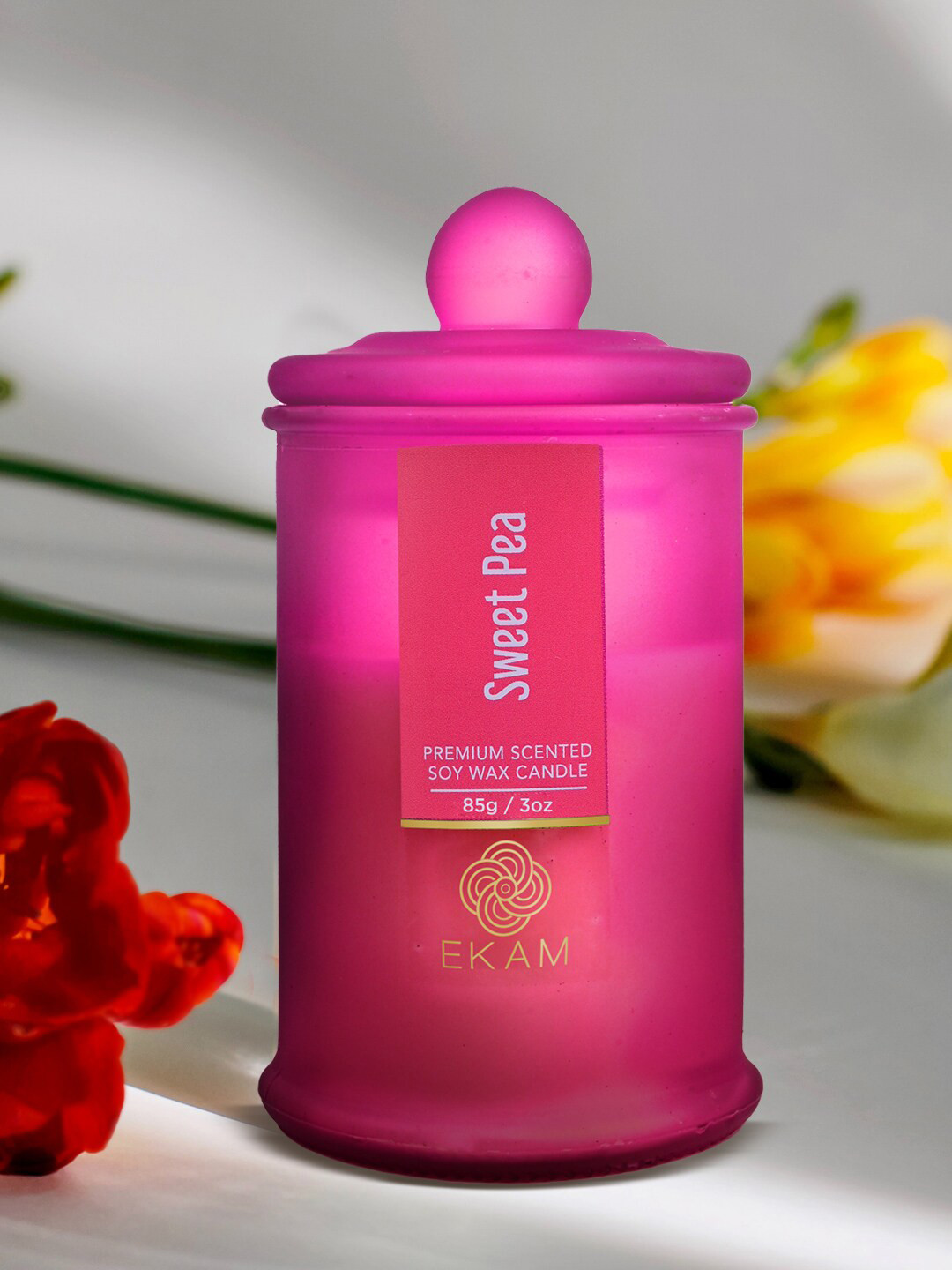 

Ekam Pink Brand Logo Printed Sweet Pea Fragrance Apothecary Jar Scented Candle
