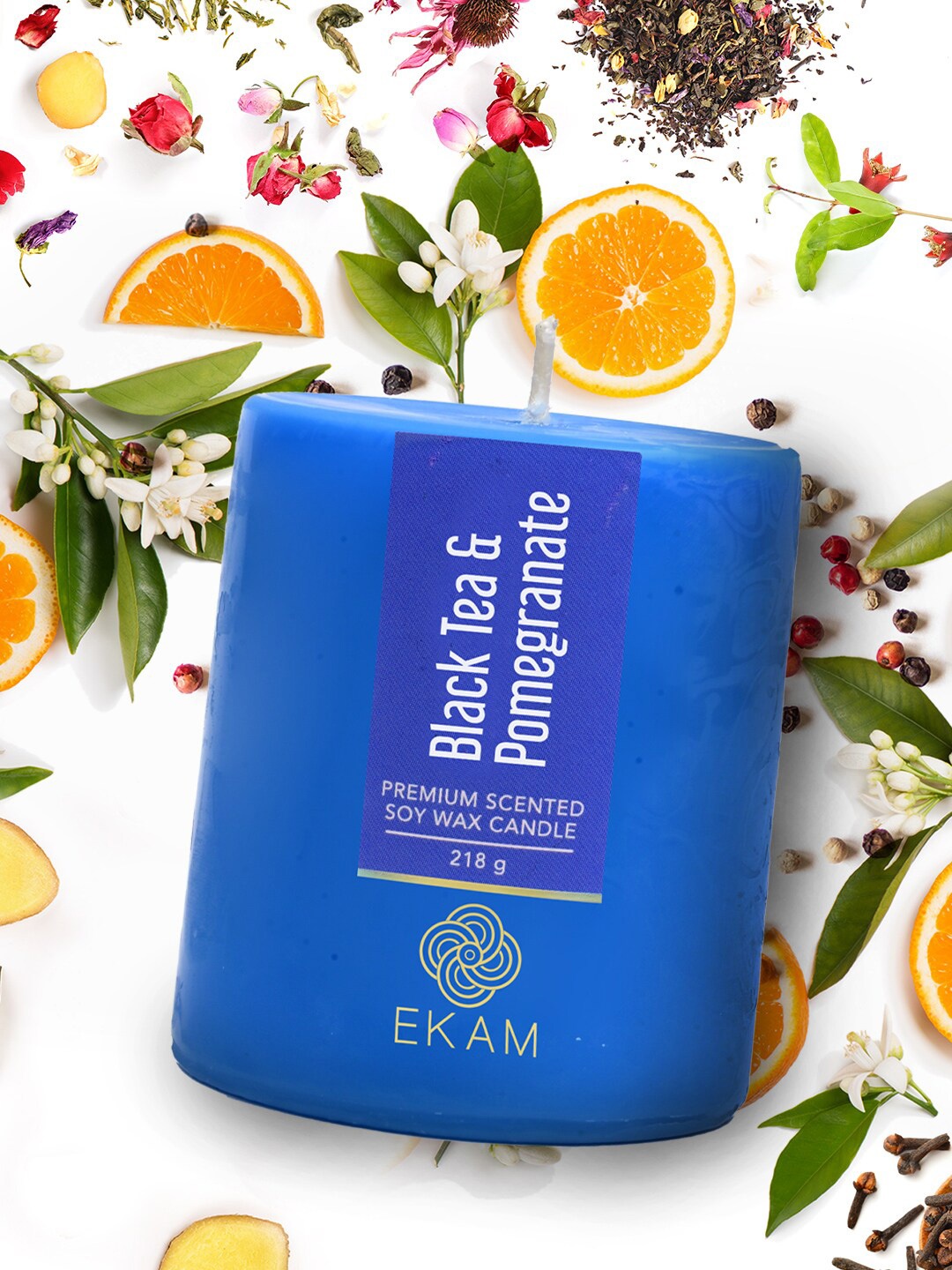 

Ekam Pillar Blue Brand Logo Printed Black Tea & Pomegranate Fragrance Scented Candle