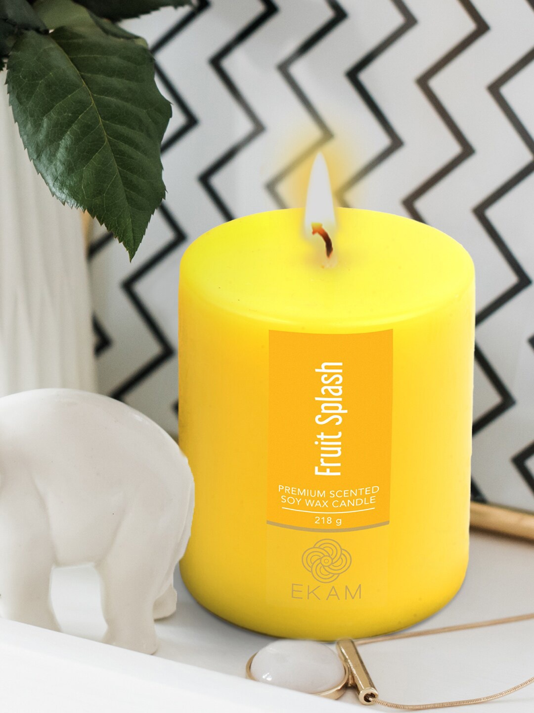 

Ekam Yellow Brand Logo Printed Fruit Splash Fragrance Pillar Scented Candle