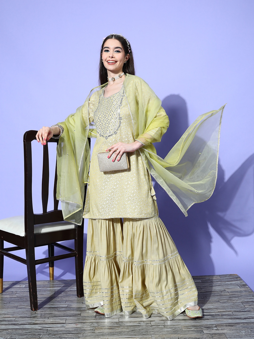 

Libas Ethnic Motifs Printed Mirror Work Kurta with Sharara & Dupatta, Green
